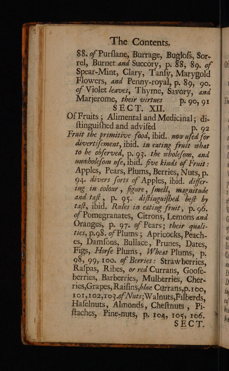 Sia A cana ial ge a ape REE ‘The Contents, 88. of Purflane, Burrage, Buglofs, Sor- rel, Burnet avd Succory, Ss Speat-Mint, Clary, Tanly, Marygold Flowers, azd Penny-royal, p. 89, go. of Violet leaves, Thyme, Savory, asd Marjerome, their virtues pi go, 91 SECT. XI. 17 ftinguifhed and adviféd divertifement, ibid. in eating fruit what to be obferved, p. 93. the wholefom, and unmholefom ufe, ibid. five kinds of Frutt: Apples, Pears, Plums, Berries, N uts, p. 94. divers forts of Apples, ibid. differ- vn in colour, figure, [mell, magnitude and tal, p. 95. diftinguifhed bef by taft, ibid. Rules in eating frust, p: 96. of Pomegranates, Citrons, Lemons and Oranges, p. 97. of Pears: their quali - ties, p.g8. of Plums ; Apricocks, Peach- es, Damfons, Bullace, Prunes, Dates, Figs, Horfe Plums, Wheat Plums, p 98, 99, 100. of Berries: Straw berries, Rafpas, Ribes, or red Currans, Goofe- berries, Barberries, Mulberries, Cher. ries,Grapes, Raifins,4/we Curranis,p.160, £01,102,103.0f Nuts;Walnuts,E ilberds, Hafelnuts, Almonds, Cheftnuts 5 Pi- SECT. ty oy => PY => <i Cy Xt