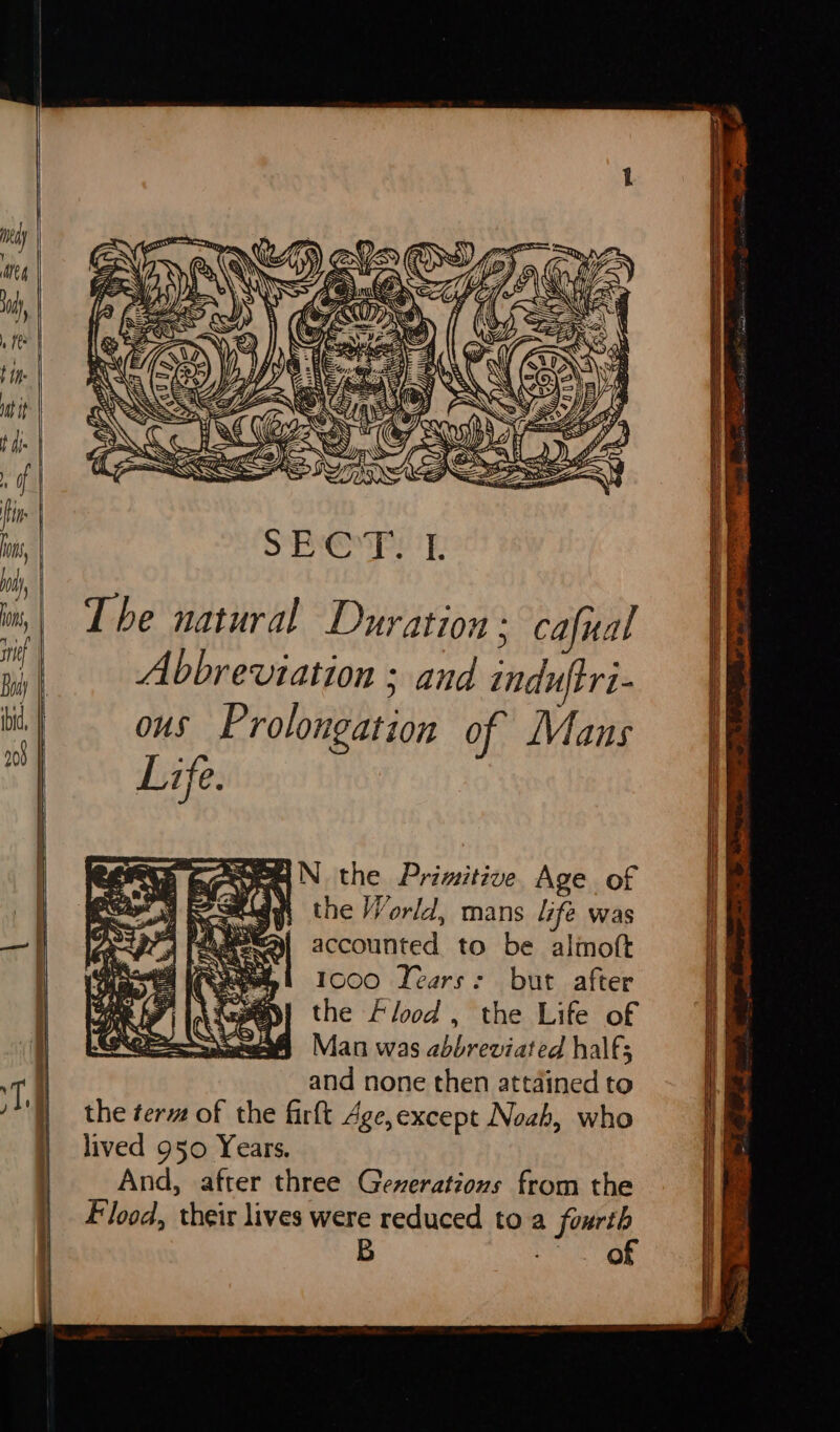 Ede the World, mans life was accounted. to be alimoft 1000 Years: but after the Flood, the Life of Man was abbreviated half; and none then attained to the term of the firlt Age,except Noah, who lived 950 Years. And, after three Gexerations from the Flood, their lives were reduced to a fourth B : of be eS es a Sree Se ee