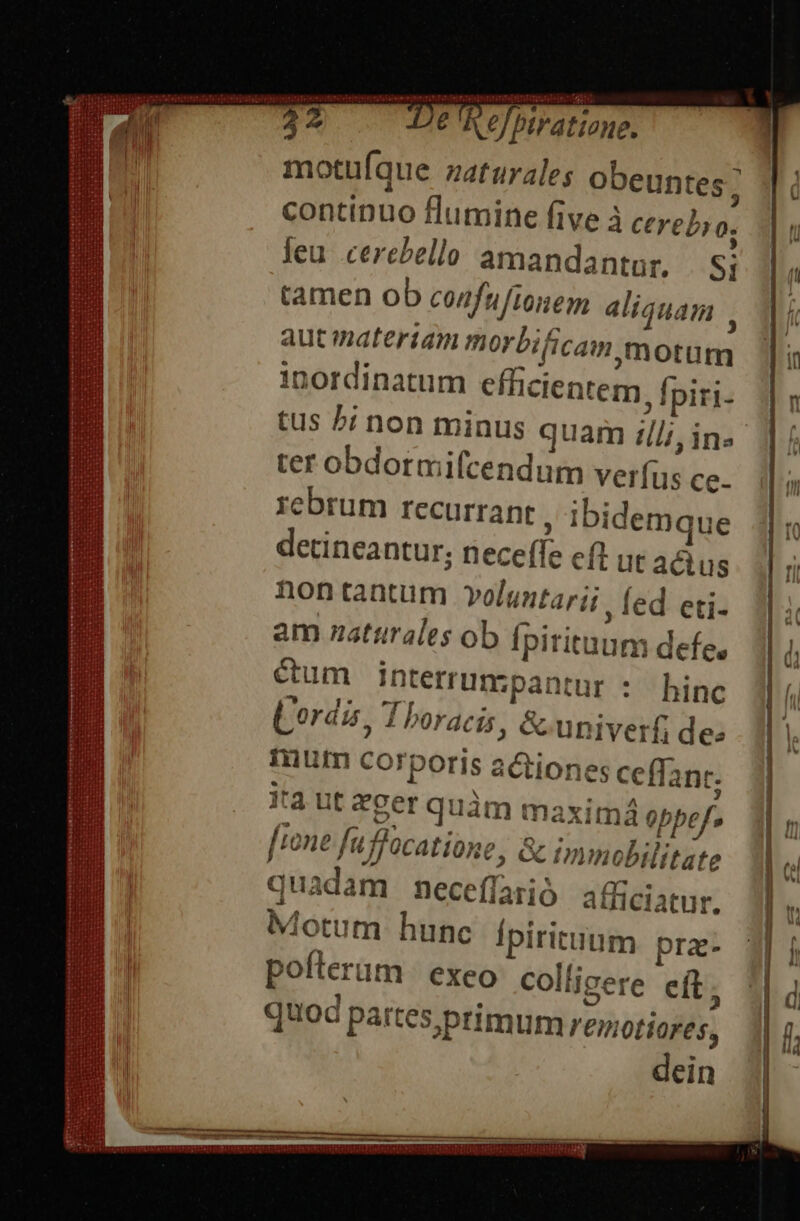 e LaL ORA 22 . Dé n ve /b Iatione. motuíque zatüurales obeuntes ; continuo flumine five à cere], 0; leu cerebello amandantur. Si tamen ob cozfufionem aliquam , autmateriam morbificam.m Otüm !nordinatum efficientem, fpiri. tus b; non minus quam ://;, in» tet obdormifcendum verfus ce- rebrum recurrant , ibidemque detineantur; neceffe c1 ut actus nhontantum voluntarii led eti- am zattirales ob Ípitituum defe, ctum interrumpantur : hinc Lordis, Thoracis , &amp;univerfi de mmutn corporis actiones ceffanr. [rone fu ffocatione &amp; tmnobilitate quadam neceffarió afficiatur. Motum hunc Ípirituum pra- pofteram exeo collicere eft. quoc partes,primum remotiores, dein