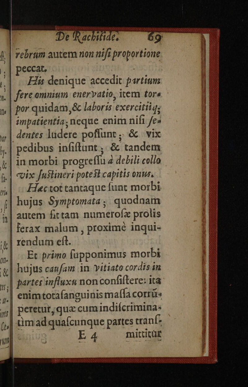 | (De fh acbifi I; | rebrum autem non nifi proportione ,,| peccat. ; ! j e 2 e ? n] BR denique accedit partium y. | fere omnium. enervatio, item tor» g | for quidam,&amp; laboris exercitiiqs | émpatientia; neque enim nift ee «|| dentes ladere poflunt, &amp; | vix j. | pedibus infiftunt ;. &amp; tandem | in morbi progreffu 4 debili collo j| vix fustineri potest capitis onus. 5| - Eectottantaque funt morbi 4] hujus Symptomata ; quodnam i| autem fitam numerofz prolis | ferax malum , proxime inqui- ik | rendum eft. ^ Et primo fupponimus morbi | hujus caufam in. Yitiato cordis in partes influxu non confiftere: ita | enimtotafanguinis maífa corrüs | peretut; qua cum indifcrimina: -timad quafcunque partes tranf- | E4 mitiür