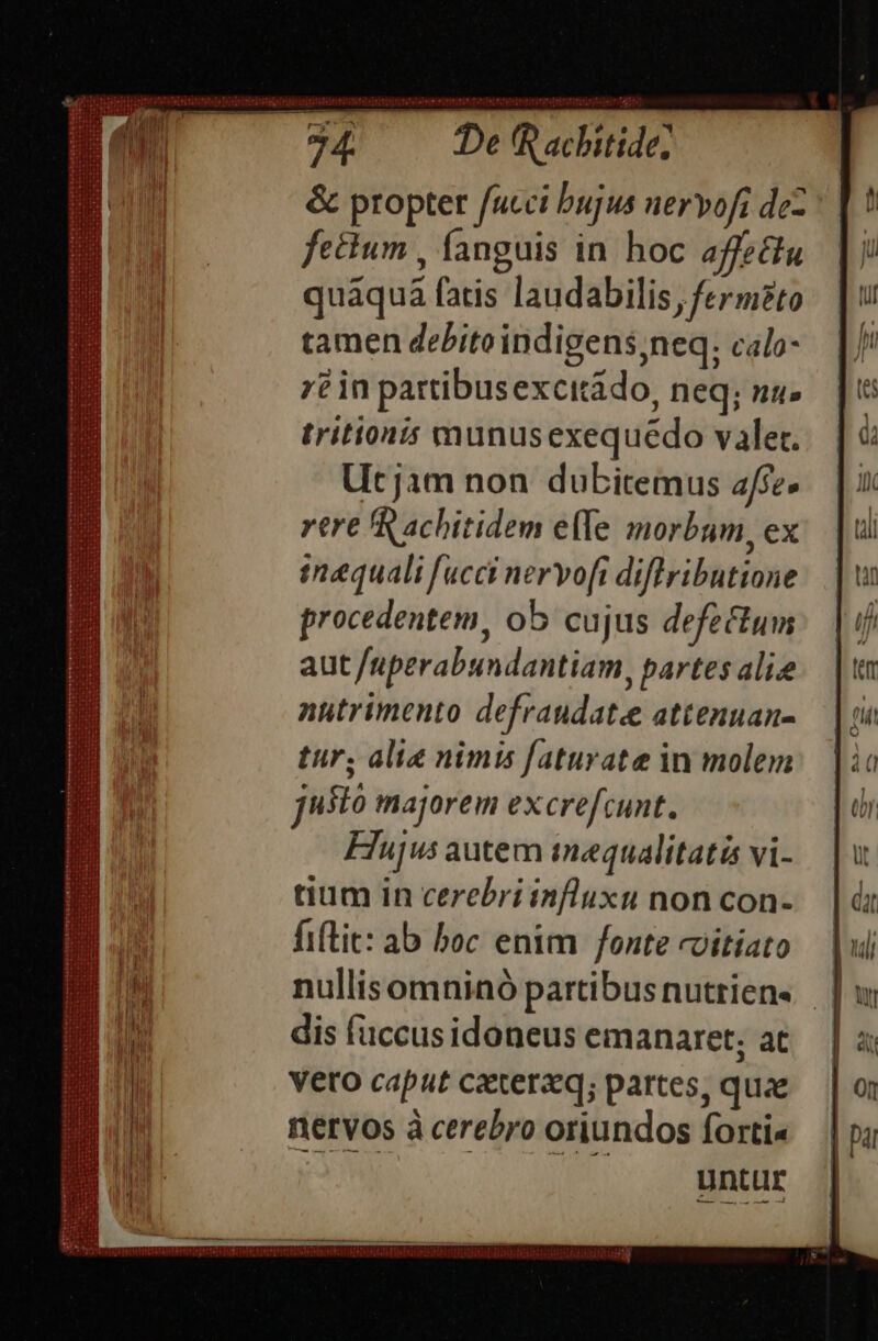 (w TC np tates I ETT EET AITRIATE pris : IDILIEUU MU DI EQUITIS Aim Ceersers quud. I 4. De Rachitide; &amp; propter fucci bujus nervofi dez fetium , fanguis in hoc affectu quaquà fatis laudabilis, ferm?to tamen debitoindigens,neq; calo- 7? in partibusexcitádo, neq; na» tritionis munusexequédo valet. Urjam non dubitemus affe» rere 'hachitidem efle morbum, ex inequali fucci nervoft diflributione procedentem, ob cujus defectum aut /uperabundantiam, partes alie nutrimento defraudatee attenuan- tur; alie nimis [aturate in molem justo majorem excrefcunt. Ffujus autem inequalitatis vi- tium in cerebri influxu non con- fiftit: ab boc enim fonte coitiato | nullisomninó partibusnutrien« — | dis füccusidoneus emanaret; ac. | Vero caput czetereq; partes, quie nervos à cerebro oriundos forti« * untur