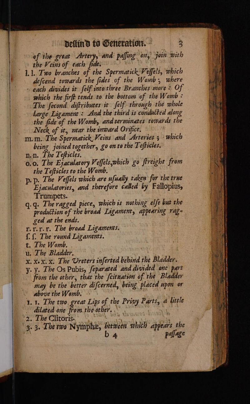 ‘of the great Artery, and: paling on, join with the Veins of each fide. sia : LL. Two branches of the Spermatick: Veffels, which defcend towards the fides of the Womb where each divides it felf into three Branches more + Of which the firft tends to the bottom of the Womb : The fecond. diffribates it felf-through the whole Large Ligament: And the third is conduited along the fide of the Womb, and terminates towards the Neck of it, near the inward Orifice. mm. The Spermatick Veins and Arteries 5 which being joined together, go on to the Tefficles. nn. Lhe Tefficles. 0.0. The Ejaculatory Velfelswhich go ftreight from the Tefticles to the Womb. p. p. The Veffels which are ufually takes for the true Ejaculatories, and therefore called by Fallopius, Trumpets. | | q.q. The ragged piece, which is nothing elfe but the produëtion of the broad Ligament, appearing rag ged at the ends. | | r.r.r.1. The broad Ligaments. {{. The round Ligaments. t. The Womb. u. The Bladder, | x.Xex.x. The Ureters inferted behind the Bladder. y. y. The Os Pubis, feparated and divided one part from the other, that the fcitnation of the Bladder may be the better difcerned, being placed upon or above the Womb. | 1, 1. The two great Lips of the Privy Parts, à little … dilated one Bein the other, | Boy Pe Citris, LM TU de de ‘8.3. Thetwo Nymphe, beemeen which appears the b 4 — page