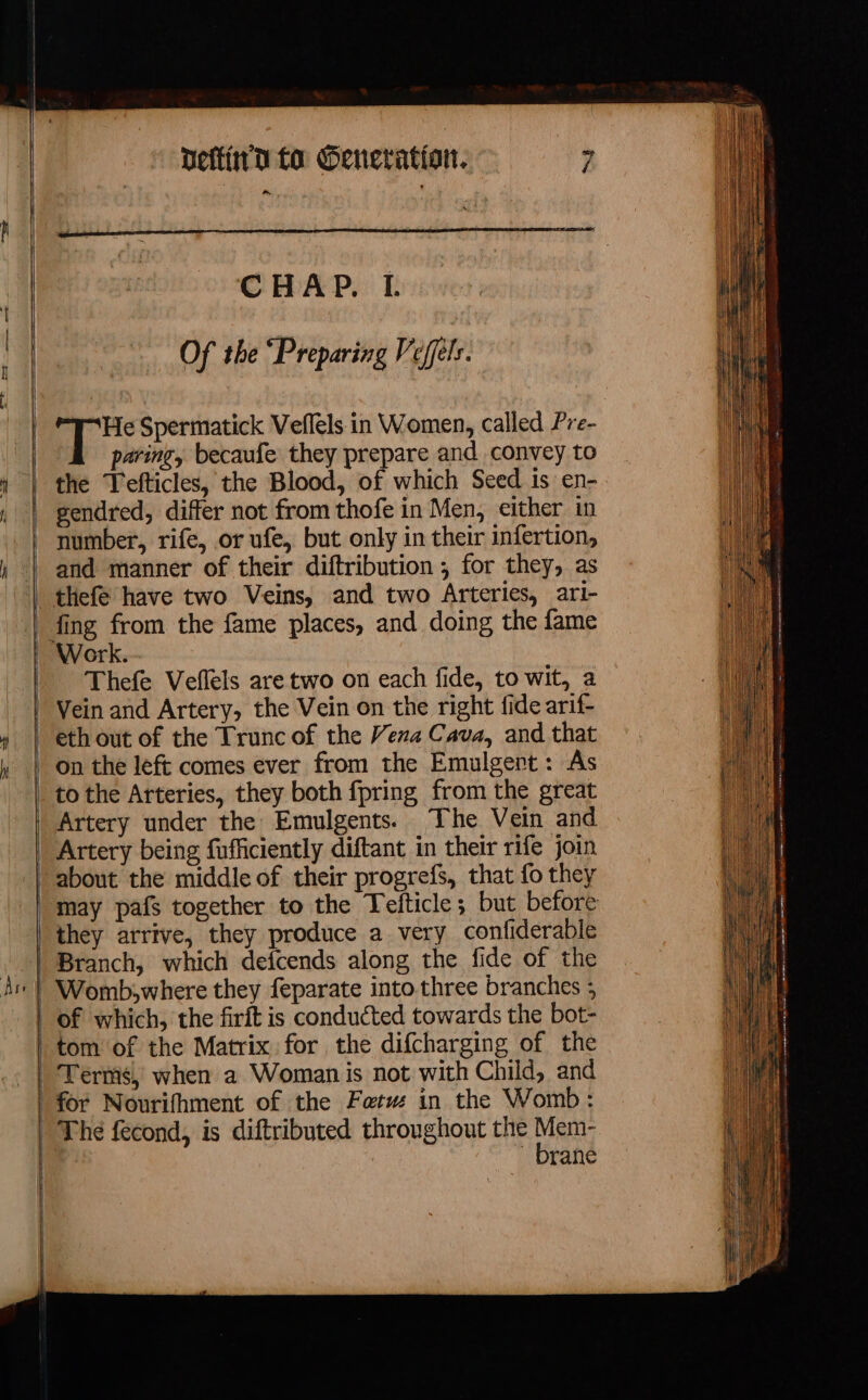 An | | | beftind fo Generation. CHAP. I. paring, becaufe they prepare and convey to the Tefticles, the Blood, of which Seed is en- gendred, differ not from thofe in Men, either in number, rife, or ufe, but only in their infertion, and manner of their diftribution ; for they, as fing from the fame places, and doing the fame Thefe Veflels are two on each fide, to wit, a Vein and Artery, the Vein on the right fide arif- eth out of the Trunc of the Vena Cava, and that on the left comes ever from the Emulgert: As to the Arteries, they both fpring from the great The Vein and about the middle of their progrefs, that fo they they arrive, they produce a very confiderable Branch, which defcends along the fide of the Womb,where they feparate into three branches ; of which, the firit is conducted towards the bot- tom of the Matrix for the difcharging of the Terms, when a Woman is not with Child, and for Nourifhment of the Fatw in the Womb: The fecond, is diftributed throughout the M rane