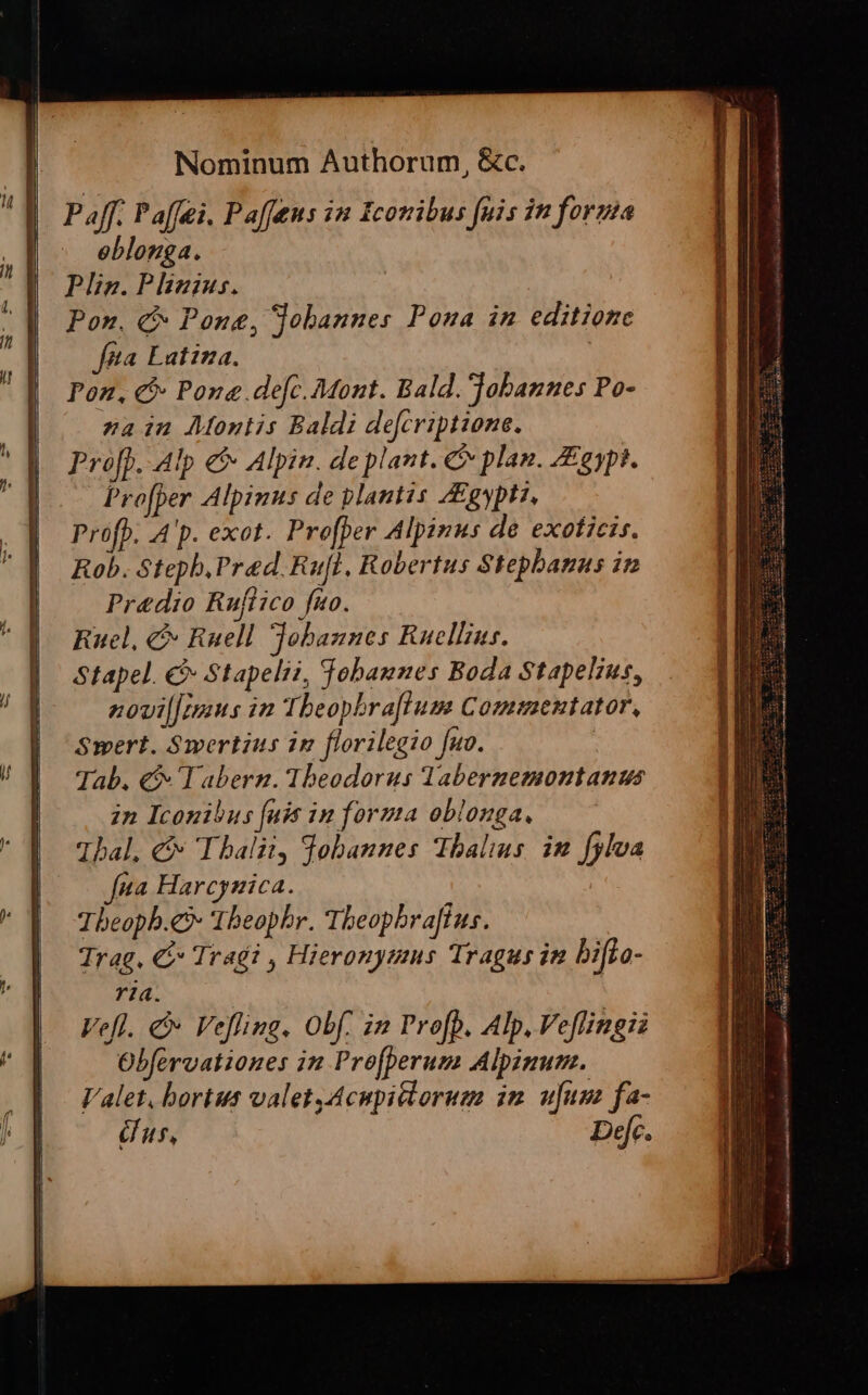 P aff. Paffei. Paffens in Iconibus fuis in forma eblonga. Plig. Plinius. Pon. c Pone, Jobannes Ponua in editione fgta Latina. | Pon, € Pone.defc.Mont. Bald. Jobannes Po- nain Montis Baldi defcriptione. Proff. Alp €&amp; Alpin. de plant. C plan. Zeypt. Profper Alpinus de plantis ZEgypti, Profp. A'p. exot. Profper Alpimus de exoticis. Rob. Stepb. Pred. Ru[l. Robertus Stepbanus in Pre&amp;dio Ruflico fuo. Ruel, &amp;&amp; Ruell Jobaznes Ruellius. Stapel. €&amp; Stapeliz, Tobaunes Boda Stapelius, novilJmus im Tbeopbraflum Commentator, Smert. Swertius in florilegio fuo. Tab. € Tabern. Theodorus Tabernemontanus zn Iconibus [uis in forma oblonga. Tbal, &amp;&amp; 'Thbaliti, Tobannes Thbalius im [ylva fna Harcymica. Tbeopb.c» Theophr. Tbeopbrafíus. Trag. €i Tradi , Hieronymus Tragus in biflo- ria. Vefl. &amp; Vefling, Obf. im Profp. Alp. Vefingiz Obfervationes in Pro[perum Alpinum. Valet, bortus valetyAcupiclorum im ufum fa- us, Defc.