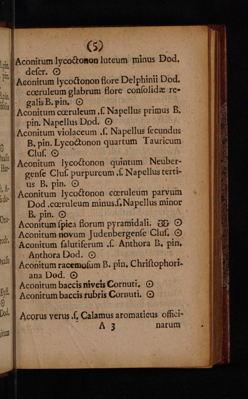 (3) X, f Aconitum lycoctomon Inteum minus Dod, m defcr. &amp; | ^ [Aconitum lyco&amp;onon flore Delphinii Dod, [f caeruleum glabrum flore confolidz re» eM. galisB.pin, O I Aconitum coeruleum .f. Napellus primus B. |. pin. Napellus Dod. ! Aconitum violaceum .f. Napellus fecundus | B.pin. Lyco&amp;onon quartum Tauricum | ChfO | Aconitum lycoctonon quintum Neuber- genfe Cluf. purpurcum f. Napellus terti- | us B. pin. O | Aconitum lyco&amp;tonon caeruleum parvum | Dod.coruleum minus.f, Napellus minor | B.pin. O | Aconitum fpica florum pyramidali. GG O Aconitum.novum Judenbergenfe Cluf, | Aconitum falutiferum .f. Anthora D, pin, d T Anthora Dod. 9 ; j Aconitum racemofum B. pin. Chriftophori- ana Ded. | Aconitum baccisniveis Cornuti, (O Aconitum baccis rubris Corputi.. C) m—— | Acorus verus f, Calamus aromatieus. offici- A 3 narum MRTETI Uem Ue ID eR TS S HORUM URN COXMEEEG me ea megergpe cin BEIGE