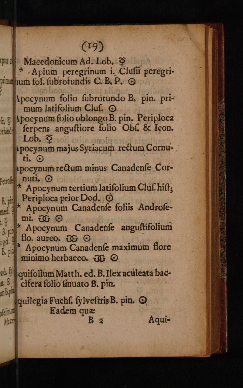 Qu Maeedonicum Ad. Lob. $$ [* -Apium peregrinum i. Clufir peregri- mmahum fol. fubrotundis C. B. P. — iMpocynum folio fubrotundo B, pin. pri- | mum latifolium Cluf. (. ? [A pocynum folio oblongo B. pin. Periploca pud] ferpens anguítiore folio Obf, &amp; Icon, | Lob. $ nj | lh pocynum majus Syriacum recturn Cornu- E | tL (9 | Ia e ipocynum re&amp;um minus Canadenfe Cor- E qf], nuti. . | ái — f* Apocynum tertium latifolium Cluf. hift; jj PeriplocapriorDod. O «i 4^ Apocynum Canadenfe foliis Androfe- óop[m.gbo. yv l um Apocynum Canadeníe anguftifolium ,,j 4$ Ho. aureo. Gb A1. $ im Apocynum Canadenfe maximum flore E - f minimo herbaceo. 3B. CO E ofi |quifolium Matth. ed. B. Ilex aculeata bac- 1. 9 | ciferafolio &amp;inuato B. pin. nb Iquilegia Fuchf, fylveftrisB. pin. Q yen Eadem quz | B yc B à Aqui- f