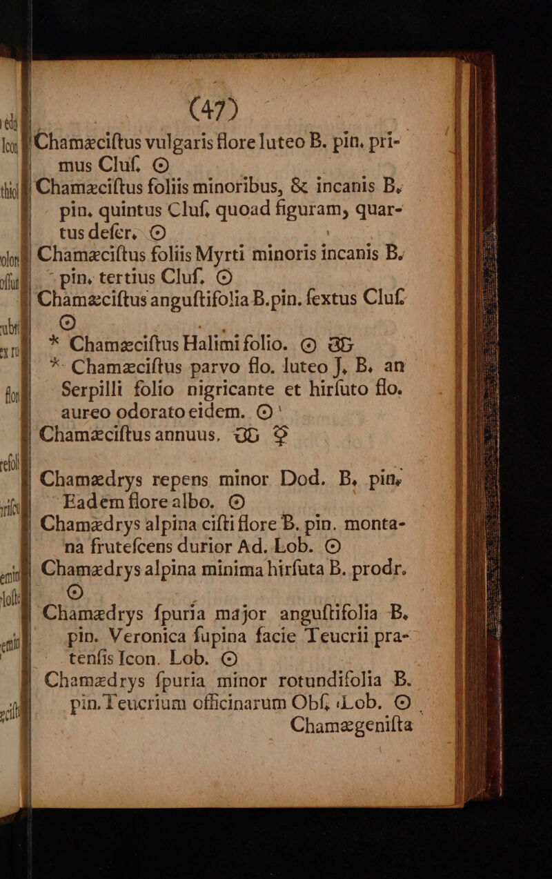 Ic IChamaciftus vulgaris flore luteo B. pin, pri- | musCluf. O dili Chamzciftus foliis minoribus, &amp; incanis B. | pin. quintus Cluf, quoad figuram, quar- | tus defer... O jm] Chamaciftus foliis Myrti minoris incanis B. (ufi. — pin. tertius Cluf. O | Chamzciftus anguftifolia B.pin. fextus Cluf. oO * Chamzeciftus Halimifolio. (9 Gb *- Chamzciftus parvo flo. luteo J, B. an Serpilli folio nigricante et hirfuto flo. aureo odorato eldem. (2' Chamzciftus annuus, Gb 9 4 | Chamazdrys repens minor Dod. B, pin, | Eadem flore albo. | Chamadrys alpina cifti flore B. pin. monta- na frutefcens durior Ad. Lob. Chamzdrys alpina minima hirfuta B. prodr. Chamaedrys fpuria m4jor anguftifolia B. pin. Veronica fupina facie Teucrii pra- teníis Icon. Lob. ( Chamzdrys fpuria minor rotundifolia B. pin. Teucrium officinarum Obf; «Lob. O . Chamzgenifta