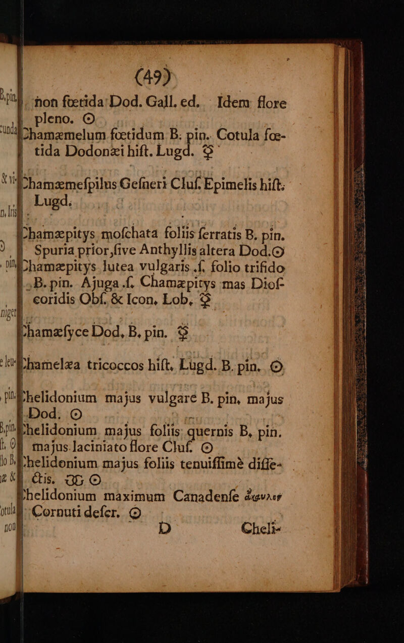 fion fectida: Dod. Gall. ed. : Idem flore pleno. Jdb^dbis; Zhamamelum foctidum B. pin.. Cotula foe- tida Dodonxi hift. Lugd. $9 | :hamsmefpilus Gefneri Cluf. Epimelis hift. Lugd. IChamzpitys mofchata foliis ferratis B, pin. . B Spuria prior,five Anthyllisaltera Dod.Gy Ibhamepitys lutea vulgaris .f. folio trifido |. D. pin. Ajuga.f. Chamzpitys mas Diof- |] eoridis Obf. &amp; Icon, Lob, 95 z-hamelxa tricoccos hift, Lügd. B. pin. O Ehelidonium majus vulgare B. pin, majus .[.Dod. Oo | Dai | Phelidonium. majus foliis: quernis B, pin. | majus.laciniato lore Cluf.. 9. l.helidenium majus foliis tenuiffimé difle- | Cis. Gb O | Ehelidonium maximum Canadenfe devis | Cornuti defer. (9 A l m M ChelIi-