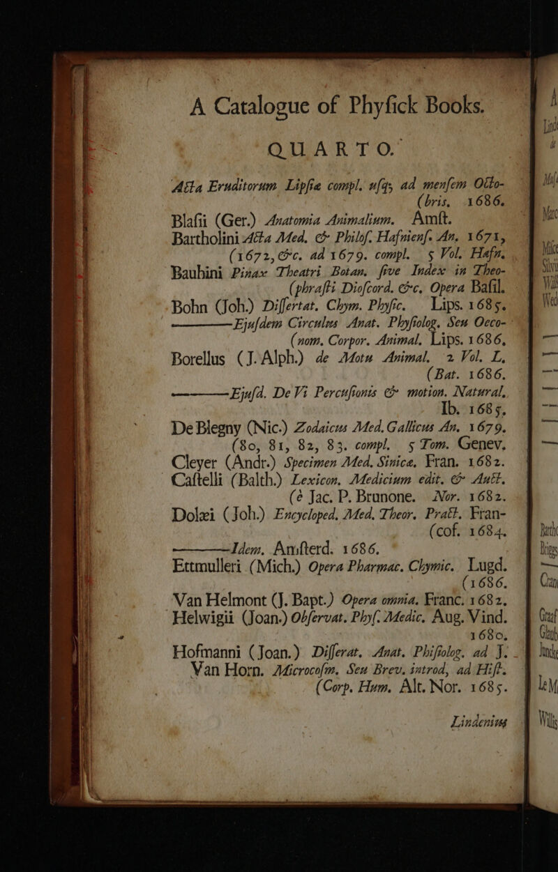 QUARTO. Ata Eruditorum Lipfia compl. u[qy ad men[em Otto- (bris. .1686. Blafüi (Ger) Awatomia Animalium. — Amft. Bartholini A4Gz Med. € Philof. Hafnienf. 4n, 1671, (1672, €*c. ad 1679. compl. $ Vol, Hafn. Bauhini Pizax Z7beatri Botas. five Index im Zbeo- Bohn (foh) Differtat. Cbym. Physic. — Lips. 1685. ( nom. Corpor. Animal. Lips. 1686, Borellus (J. Alph.) 4e AMet& Animal ^2 Vol. L. (Bat. 1686. Eju[d. De Vi Percufronzs € motion. Natural, Ib. 168 $. De Blegny (Nic) Zodaicus 7Med. Gallicus 4n. 1679. (8o, 81, 82, 83. compl. s Tom. Genev, Cleyer (Andr) Specimen Med. Sinice, Fran. 1682. (é Jac. P. Brunone. —. JV. 1682. Dolzi (Joh.) Emcycloped. 7Med. Theor.. Pratt. Fran- (cof. 1684. Ide. Amifterd. 1686. Ettmulleri (Mich.) Opera Pbarmac. Chymic.. Lugd. 1696. Van Helmont (J. Bapt.) Opera omoia. pad 1682. Helwigii (Joan) O/fervat. Pby(. Medic, Aug. Vind. 16980, Van Horn. Microcofm, Seu Brev. iatrod, ad Hifc. ( Corp. Hum, Alt. Nor. 168 $. Lindeniim