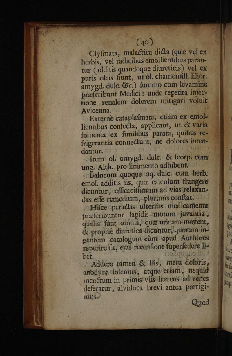 | (49) Clyfmata, malactica dicta (quz vel ex herbis, vel radicibus emollientibus paran- tur (additis quandoque diureticis) vel ex puris oleis fiunt, ut ol. chamoniill. lilior. amygd. dulc. 6c.) fummo cum levamine przícribunt Medici : unde repetita injec- tione renalem dolorem mitigari voluit Avicenna. Externe cataplaífmata; etiam ex ejmol- lientibus confecta, applicant, ut &amp; varia fomenta ex fimilibus parata, quibus re- frigerantia connectunt, ne dolores inten- dantur. : : item: ol. amygd.: dulce. &amp; fcorp: cum ung. Alth.. pro linimento adhibent. Balneum quoque aq. dulce. cum herb. emol. additis iis, qux calculum frangere dicuntur efficaciflimum ad vias relaxan- das effe remedium; plurimis conftat. Hiíce peractis: ulteriüs medicamenta prafcribuntur . lapidis-fnotum juvantia , qualia. fánt omnia, qu&amp; urinam: movent, &amp; proprie diuretica dicuntur, quorum in- sentem catalogum eüm 'apud Aüthores reperire fit ejus recenfione fuperfedere li- . bet. jd . Aiocdqoguo Addere tàmen &amp; lis, metu doloris, anodyna folemus, atque etiam, fequid incoctum in primis viis heéreris ad rérres deferatur, alviduca brevi antea porrigi- iius. Quod
