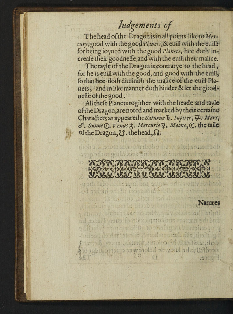 ieee Ludgements of ; . Thehead ofthe Dragonisin all points like to Mer- cury,good with the good Planer =,8 euill with the euills for being ioyned with the good Planers, heé dotly in- creafe their goodneffe,and with the euill their malice. The tayle of the Dragon is contrarye to the head , for he is euill with the good, and good with the euill, fo thathee doth diminith the malice.of the euill: Pia- nets, ‘and in like manner doth hinder &amp; let the good= nefle ofthe good.’ Pe gD pee AEN - Allthefe Planetstogither with the heade andtayle © of the Dragon,are noted and marked by theimcertaine - Characters as appeareth: Satwrne h. Lupsrer, Th: Mars, o. Sunne@. Venus &amp;. Mercurie%, Moone, &amp;. the taile “p OftheDragon,?§.thehead,$@. “eae ae aE 8S ae é ber 9 é ‘ : &lt; at a eat Es , yt k a: a k the z ae &amp; EFES ES pe eS eo a¢ r * oh oF a , i &amp;, ® &amp; we