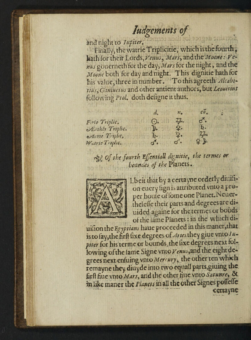 and night to lipiter; 3 $05 bs : ahie.@? ge “ se Saif LU ETT: “Finally, the watrié Triplicitie, which isthe fourth : lath for theit Lords, Venus, Mars, andthe Moone: Ve= nus gouerneth for the day, Wars for the night, and the Moone both for day and night. This dignitie hath for his value,three in number. “Tothisagreeth alcabi- tits; Ganiverus and other antient authors, but Leowstsns following Prol, doth deligne 1 thus. | | > A, Ye CO, 3 Firie Triplic, QO. on od. di wvkithly Triplic. »y 2. “R. exterte Lriplie, kh g. Weatrie Tr iplit. J’ Se 2}. 82 Of the fourth Effentiall dicuitte, the termes or | boances of the Planets. Lbeit that by a certayne orderly diuiti- ~ omeucry fign is attributed vnte a pro- er houfe of fome one Planet. Neuet- theleffe their partsand degreesare di- uided againe for thetermes or botds | of the lame Planets :in the which di- uifion the Eeyprians haue proceeded in this maner,that. isto fay;the ff fixe degrees of drsesthey giue ynto/4~ piter for his terme or bounds, the fixe degreesnext fol- lowing of the fame Signe vnto Yenus,and the eight de- greesnextenfuing vnto Mercury, the otherten which remayne they. diuyde into two equall parts,giuing the firft fine vnto Mars, and the other fue vnto Saranre, & in like maner the Planers in all the osher Signes poffeffe Pe i