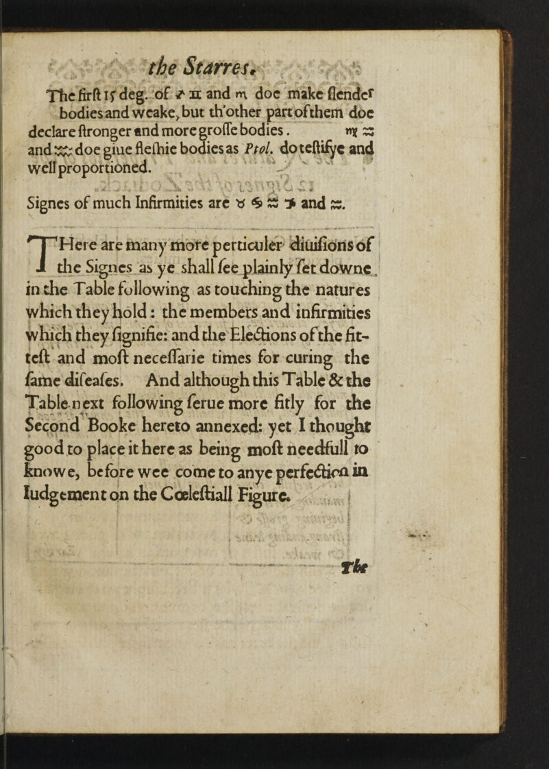 the Starves, ‘ H IP r Jv litf I l f i * > J i' I ft » / 1 X l* * . i *T ' f • “ > _♦ ■ ** f* .#■‘•3% 4 Thefirftlj’deg. of ^ it and m doe make (lender bodies and wcake, but th’other part ofthem doe declare ftronger and more grofle bodies. n* a and ^ doe giueflelhie bodies as Ptol. doteftifyc and well proportioned. . ““ 'Vf ' '  .« ‘ t’ > X ^ ‘V* • ry ** «>. v\ O* /*. f: * • i« ^ 4 C • -5* V* - V» U J » W. V* rf Signes of much Infirmities are w <5 ss * and ss. \ ° THere are many more pertic-uler diuifions of tlie Signes as ye shall lee plainly fet downc in the Table following as touching the natures which they hold: the members and infirmities which they fignifie: and the Elections of the fit¬ ted and mod necefiarie times for curing the (ame difeafes. And although this Table & the Table next following (erue more fitly for the __ • -<j* O J Second Booke hereto annexed: yet I thought good to place it here as being mod needfull to knowe, before wee come to anye perfection ia Judgement on the Coelediall Figure.