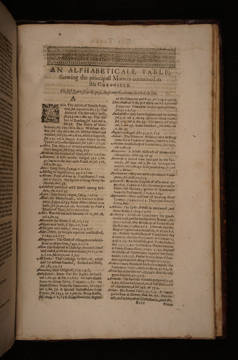 AN ALPHABETICALL TA'BlIi; fliewing the principall Matters containcdiri - ’ , this Ca RONICLE. f T , Thefr^^garesJIjcjn) tlepdge, thefecmdthccolum^thetPj^^^ Ime. ■ Ae . r ;V ' Abbieof BattasJefoun^ ' dedj/ii/. i2i,ff#/.2.4V,i^, The ' Abbieof Chefterwhen built, A13 i 1. On, 27. The Ab** bey.of Reading/o/. j, , The Abbey ofShei- ^urnc5>4 i4o.(j^/.2.//«.^. Waltham Ab- bey, fol 1^4. ^re/. 2jw. 18» Abbics v^ifited aad jicwcd,/4>4 572.^1?/. 1.4.23. Abblesfuppreli, /«. 5 7J• A».3 7. A nevv Abbey by the Tower of London founded .j^4 2^^, f.i./.so, Mf The Abbot of Whalie beheaded,aiid o- thers hanged,/^/.574. 417 ' thebelbucdof God,Mi7 r.i.Aao: 9^ccHfirs* A falfe accufef hanged, 385. 27>>j; 3 ?.b«rnc in the fa6e with i^.and A.Ul* ^88* ,^/W;2.IS!«.44, _ Atre.* Long Acte, jCi ©4^. r. 1. / i • : Pope Aan Engliihtnan,/. 15©, I. 47,27, His Epiftlc to King Hew^j the . fecondj^^.^g, ; iAMtdry punilhed with Death among \ ;dek,7Q,r.i,4^5 : 'Agnes: they forcly raigne^ /.dg4, 2,/.2© Aw^h^ his Martyrdome; wi h others m Hrit- ' ?ainc,^4Js^»2»L3 4. Saint Allans Abbey new baiIt5j^4jri,ra,2,/L 56, Is rebuilt by Banl si ^ ftionkeof: Q^nt^fol.11y.c, i,436 iAle I ^Acchm the fifft laVcnter of k, fei, i r#4a,/#»,54 Alexander thcGvckyf, i6,cA^ /,64 - ' AUgAieHcvir built,/, 872, r. 1,41® v, Alderfgate ne\^bm\tij.io2%,c,2^Lij . ? AUer^Mkrjy its Steeple repaired and finifed^' /,i^43,r.2/57 ASedgeahee: The Oath of Alleage^ncc admini-* ftred to alIpcrfons,/pp5,r.2,44 AUem His Hoipitall at Dullcdge,fonnded,fiCted and ended, with its cndowmentSj/fi'/.i iy, cs. XyLxo4^LlQi%,e6K I,4kc. t/iiS^nUes: That Colledgc in Oxford, when  and bywhomfoijnded, fimihed and filled, their Ongina!!,/.26, Amhd^addrs: Some fenc for RuiTia, /»4ioif. An Ambifladof from the Great Turke, /. i©36,r. i, 41. An “Ambaffadour from die Emperoar^/o/ lOg % A fpeciall Ambaffadour from FraDCc,/tf4io34, C9. iJmUo. From Ruflia, /4M44<f,S,/. i 8; froisii Henrkthe Kghth‘ to the Emperor and Pope,/?/; ^ ^^le. r^4 r Sidftt Artdrofe Bjfhcpof MiHavnc cr| 'yivtcith^ Emperour Theeddfue to due open penance^ /<?447,r,2,/25 _ . ; AnA>ap0s: they bearc faggots, and are burnfi fol^ y 76^ C9I, I, Itn 64* More of the 02; buLi nt^ ' fd* 57^> tin, 44. Y,^c more:- {A coi^ I, im. ^7^ Some banilhed , JoL 6'6o, ' I, iifij 43 * • -' '• ■' ■ , ' ■ l' 1: Angkfejbefieged,J9413 5/.1 j /14 - V. I The Prince Of Anhaic c -mes to King lames for a Treadcof peace,/.p^ oyffi/Ame Archbishop of C^nterbuiy, >4 j <2, ^ : coL\,liny^2 -V r . Any,i„i: A briefe Abftrad of Memorable ; Aatiqottics, ^/?4 44, 4d 2p . . Amwerptyi iccofid time befieged bytheSpa- nsardsj jol, coi, fin, 14, its aoparant. wealth, coLiJtn.^j, R isyedded 9,100 ^ cel. 2s lin,2o, ■ < Apothesaries 7 phey arc made a parci^’ar Coovi' panic,/oLi028,r.2,L 5:4, tAppaveUs MQW thcEngiiihoHt oldewcre ap* parclled1 eolc. jT, /. ^o, Cettaine particular habits Tor Harlotsgotten of Londoners trorn pbe Parliamen^/i j4,r.i,23. , Apprmscei: their cufiome of wearing Blew 11^. I. I hey vfed to oarry Clubs,^ eArbeMa. {he Lady ArbeUa is etitoWred , and .theredycth,/.i024,f.2,/f Archkjhop : Archb; of Cauterliary his goods cofrhicated,and he banifhfed the Realm , fel^ ' 31 2sl 26s &c. Arbilliop of Yorkc fi’ et-h Rcaime,/ 30*2.c.2,4 XW/wiir,Arc^-ibi. ihop of Canteroury decesGth,/<? 3122.4 35. Amyides ArGhbifiiop of Cantcrbuiv his ardp/erco the Lay-Pariiament atCovtutriej 330, 2,33. An ArcHbilhop of Yorke behea- 33 13 47' ^rchbiihnp HArjHet{worv\>^ A »»4^- Archbifh.of C.anterLHzrv aepoied for t|.r*<“ caiifes, iIr, r,I. fV/w Archbifoopof loX ' oon reprehendeth King ymi.ter.% t t r , ■^ryrs; foure fhoafand Archers cemwfli/tU , Parliament Houfe, teddy to Akkic, j , t; . ,9 uitri-M hjs tnifcrable end, ,45.140. His HcrefiJ grew hatefull,47,2,i 5. sArmado; TheSpanifli Arajsdaprepared of of thatmatter,<!/i^747,4^75,. Arthtr : His Round Table, T V, i. A' Ra»teU given turn at Dover, ibid, iin, . Hee dw. - «bi and is btirydde ‘ Princft ' -1 •. \ ( ■