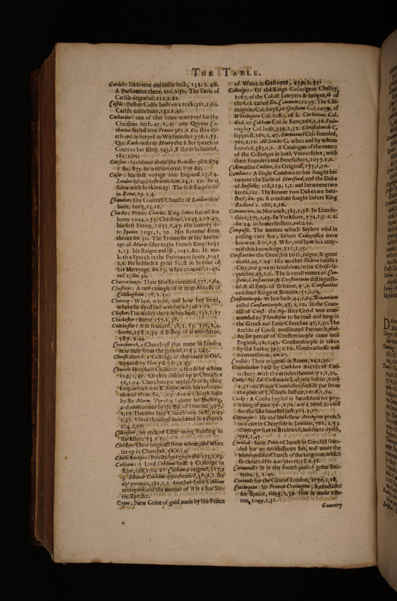 A Parliament there, aiOii. jo, Tbc Earle of Carlilc degraded,! a i ,a, a 2. C*?u : Befton Caftk built on a recki321,1,6o* Carlilc caftlc built, 132,1,46. Catherine: one of that name martyred for the Chriftian faith,45,1^45. one Q^ene^<«- therim faylcd into 361,2 62. fhf cdy- cth and is buryed at Weliminftcr.376,1,55. Qu; Kath: wife to Henry the S.her Ipcech in Court to her King, 543,1,8. flie i? beheaded, 583,1,i5^ Catjhie: his labour aboiittbe Powder-'plot, 874 I &c^ 875.heisdifcovcfcd, 876 &c. r ' Cafar : his firft voyage into England, 13,2 4. rubu}ittcthvntohim,i4,i. 20. he is flainewith botKins,43. Thefiift Ecnperour ^ in Rotne, 2,4. ' ' ^hamberi The Councell Chacnb: of London new built, 1013,13,18.' ' QharUs: Prince ChArles^ King Lines fon borne 1044,2,53. Chriftned, 10 45,2,2 7,47. hisfirft Tilting, 1033.1,47. Hisloumey rn- toSpaine, 1035,1, 20 ^His Returne' frc.tn thence A’». 3o. The Triumphs at his Marri¬ age of Marie filler to the Trench King, t03 5 ^,53. his Raignc and life, ic4i,&c. He ma- keth a Speech in the Parliament houle,^io41 2,5. Hcholdciha great .Fe; ft in honour of Tiis Marryagc, 13, when crowned,!042, r,Vi«. 30. Charterhoufe: Their Monks executed, 3 7T ,i ,64. Chafittie: Ajarc example of it inauAbbtfieof (^oldinghaM, 78, 2, 50.' Chancer : W hen, where, and how hcc lived, where;he dyed and was buried326: ij'12, Chefter:The Abbey therc.whcnlHiilt, iViyiiiy . Chichefier .“Burnt, 15 7.1, ^ P. : f • /Colchefier S 11 is founded, *3 8, i, 13F' 136, 2,4, burnt,! 3 8,1,54. A Bifhop of it furthered, 387, 2,44. .A ^reechurch, a Church of that nainc id londdij ’ new built from the gibnud,ic4 3;2,43*' ' Ohrifi'^church, a -Colk dge ol tbaVname ill OxF* fuppreft by Henry 8.i<5r.i47- '' (^httreh; Hereford Ch.bunit,w htn &> by whom 1,45. Ch^ckesfirftfetep^ih Churches 56,1,54. Chorchmtn G' niplaiird of by their i-kinj;,which was with his.refbrtna- ' tM'bf fhtm,84,'';,63. Ancw'Chu'rcb built by Sir Marm. T>crtllM t ulmcr In Bhckin^ ■ andcoiaftbrafed by\ji’e'Bp.’of IJiicolne^pp^, fnn^Church new buitr,io44 ■^s’yr.-Thrte thoufittd inen bbrtitin a cTiiirch ahcienF Citie^'necreJRdading in ‘''•Barkfliirc,5.?,a,55.; ''’« ’ V Cloc^si fctvp Cloifh^ori(€rs: Privitedgevgiucn 1 Cebham: A Lord a Cgllcdge in K<nr,2<^'8,i4^ ‘aT ^Q^am ai raigndd,317,1 y^^’Eteofier Cobhainapprehended,3.81 ,^,t.lhc did penance,383,1.,5htioxhtvy^o^^Cvbham arraiencSl,arid thc'Biahncr of it is a fine Stb- . ric,83o,&c.^ „ .. Coyne ;^N£ w Coinc of gold made by thc Pciuce Tni ‘TiA fiLE. ' ®f Wales in CMgei: Of tbfcKings Gollcdgcat Cbcircy io67,of thcCol.6f lawyers «f lodges,of thc'CoL called Cbi* rurgiofjsCol. i oyS^of ^rejbam Col.i of Whitington Qo\*^oZOi of S. Cathtrines-Coli ibid, ot ^obhawCoititi Kent5a66,i,id.Zci/^ ringhay CoItbuilt,33p3l>3^* ChrificharchO^ fupprt ft, 5 60,2,47. Emmanuel CoL founded, 702,2,1 o. M Soules G when and by whom toundcd,383,2,i. A Catalogue of the names of theColledges in both Vnivcrfitks, with their Founders and Bcnefa6lors,io57,i>s. ^0^<Wyaljas CuUine^ its Original^ 155>^>5 ^ Cotnbate: A 'fingle Combate to bccTought be* tweene the Earle of Hereford, and the Duke of Suffolke, 118,11p, i,i. and betweenetwo Scots,/.II. The former twoDukesarc bani- (hed, lin, 30# A combate fought before King Richard 2. 282,2,16# ^ CernmotioMy in Norwich,383,i,38. In Lincoln- ftiire,573,2,43* In Yorklhire, 5 7451,5* *• /m. X4. Jn Somerfetfhirej^<?/.2.5o. Cofr>paj[e. The mcancs which Saylcfs vfed in pafling cucr Sea, before Compaftes.wcrc knownc, 810,2,3. Who, andhowheeattay- ned this knowledge,81151,35* * Conftantm the Greatihis birth,raigne,& great deeds,44,t,2p His mother builds a ^City,3nd goes to Ierufalcin,to (ee Chrifisfe- pulchre,45,t,!v The feverall names of Cetu fani,Confiantiniy^ CorftantinHs diftinguifti- i €dj& allEmp. 'of Britaine,4:,2. , ordained Kings of Britaine, 5 5,2^54. ^onfiantinople: W hen builr,44,2,64.'®«^«ti^^ ^called Conpantinopley 45,2,10. In the Coun- cill of Conp, the Ape ftics Creed was com¬ mended by to be read and inng in the Greek and Latin Churches 47,1,30.!he Archb: of Cor.ft conftituted Patriarch, . An Eft peroar of Conftantinoplc came into ' England, 3a,2,43. Conft^rinoplc is taken by th6 Turks, 3^3,2,10.'Couctoufneire wa^ -’its overthrow, Aw.ay. ^ (^onfuls: Their originalt in Rofflc,’24>*>^^* CorAjocation held 'by Cuthbert Afcbb; of Can¬ terbury,with t hear ticks thereof^ i ,!,3o,#. Cooke: Sir Ed. Oci^madc L.dyefe Tufticc,!005 ' I jgi’.and Priuie CounfellerJ^.^S^ put from The pladc of L.'Chicfe Iuftice,r 026;!,54. Cooke: A Cooke boyled in Smitfalicrd for poy- s 'ldniug of men; 5 60,t 322, and a .Maid lo vlfcd iTorthe likefear-cfijll/a^sj^gji^^^* CoppingerHe and'htsfeflow J^rtihgton preach a cart in Cheapfidein London^ 761,2, *5 3. rCdppinger fent to BridewelMndtCterc dyetb, ,-*751,1,45. < A y]' ‘ ' « fomhid: Saint Pete'rs Church irt Cornblll fddn- -fded for* an Arcfibifiiops Sefej fend‘made the ^ M^opolitanChurch of the’kiri^domjwbicb fdcBdarcdfdr<4oo ytercs,38i2’>j8. ’ ^ C'drretwdit: it is the fourth partkifgr^'Bltt- '''Tfeifie, 5,1.4®*’ 1 . SI *t5F\ • f . CirontU for tbeCiticof london, ^ottkgnn: Sir FrancitCottiHgfm fhtai^stM^ foir^painc, Mi* rc«kio4p,l,|i**V; P ! L Cmtun