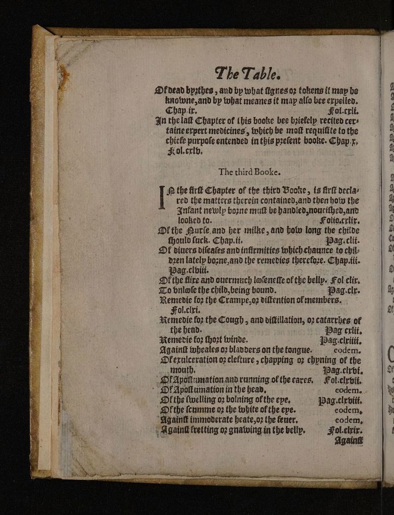 Br eee ee ee ee a % ic Py. a Node nee ey OD Ay ee he ae ae oe * DASE NTE RR Scie Mo ee Oe EEN TRE BOE Went Sab ya OEE yes a - . The Table. ‘ Dfdead byathes , and bp what anes o2 tokens tf map be knotwne,and bp tobat meanes it map alfo bee erpellen. > Chap ir. Fol.crlt, : 4n thelak Chapter of this booke bee baiefelp rectted cers A fatne erpert medicines, abich be molt requifite fo the i chicfe purpole entended in this prelent booke. Chap.x, A Jol.crip, | di ) | The third Booke. ( # the fir Chapter of the third Booke, ts firlk declae 4 red the matters (herein contained and then hotw the i Anfant newlp bozne mufk be handled nourifhed, anv a looked fo. Folie.crlir. 9 Mf tbe Murle and her mille , and botw long the cbilde o fhonlo fack. Chap. ii, qaq. clit. (1 ODE divers difeates and infirmities whichchaunce to chil: 6 nen lately bosne,and the remedies therefgze. Chap.tii. i 3 ag.clbitt. p DF the flire and oucrmuch lofeneite of the belly. Fol clir, Lo bnlole the child, being bound. qag.clr. lr Remedte foz the Crampe,oz viffention of members. bl Fol.ciri. | Of Memedie foz the Cough, and diftillation, o2 catarrbes of | the bead. Wag crit. | Remerie foz (hozt twinde. Wag.clritit. | Agatnit fpbeales o2 blanders on the tongue. -eodem. Mferulceration o2 clefture , chapping o7 chpning of the | mouth. qPag.clrbt. y f OiApokumation andraunning of thbecares, Fol-clrvit. | ¢ ‘DF Apoflumation in the bea, eodem.. | W Mf the (welling o2 boining of the epe, Wag. clebiit. MD the (cumme o2 the tubite of the epe. codem, | Bt ‘Again immoderate beate,o2 the fener. eodem, : a gaind fretting o2 gnawing in the bellp. Fol-clrir.
