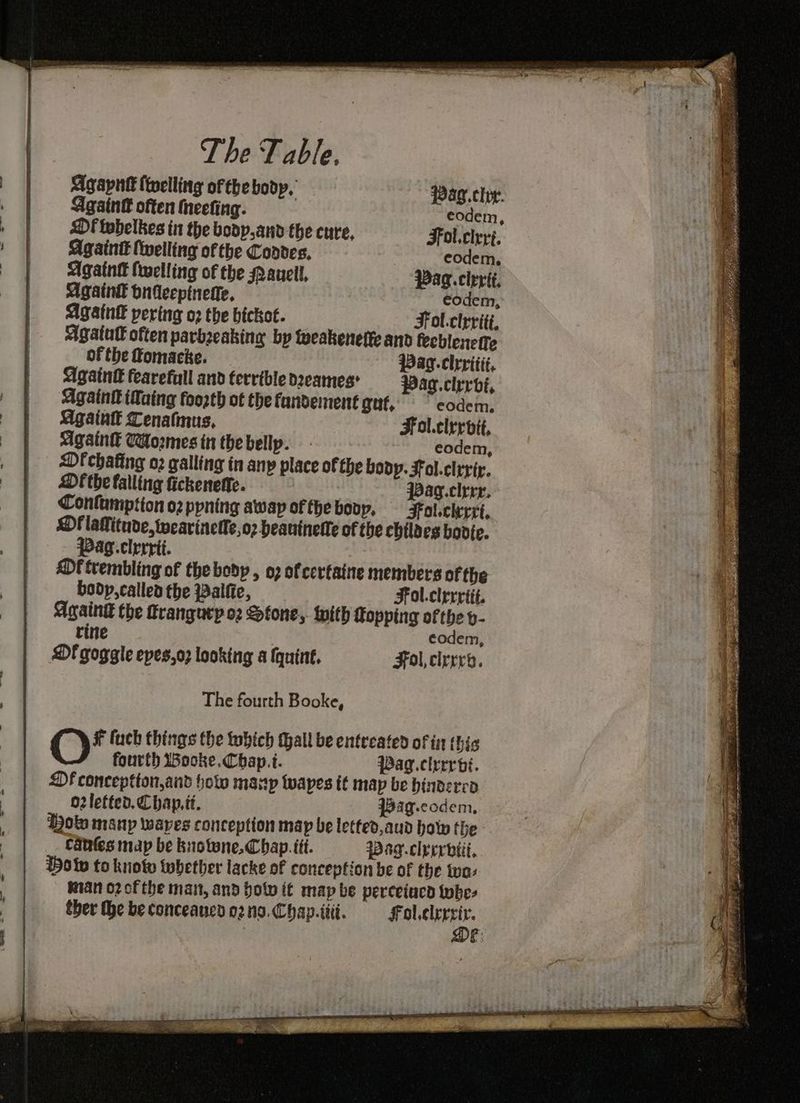 Agapnt fipelling ofthe bodp. Pag.cter. Againt often theefing. eodem, Df tobelbes in the bodp,and the cure, Fol.cleri. Againt Cwelling ofthe Condes, eodem. Agatnt {welling of the Manel, Pag. clerit, Againk bnileepinette, codem, AgatnE pering o2 the bicket. Fol.clrrité, agatut often parbzeaking by teeakenefte and fecblenette of the fomacée. Pag.clrritit, Again fearefull and terrible deeames Pag.clrrvi, Againt (Taing foorth of the fandement gut, eodem. Again Cenafnus, Fol.clervit, Againk Téozmes tn the bellp. eodem, Df chafing 02 galling in any place of the body. Fol.clyrrir. Mf the falling fickeneffe. Pag.clrrr. Confumption o2 ppning awap of the boop, Fol.cherrt, Of laitude, wearinelfe,o2 beauinette of the childes bovie. Pag.clrrrit. ADF trembling of the body , o7 of certaine members of the bodp,callen the Balfie, Fol.clrrrtit. Agate the frangucp oz Stone, with Topping ofthe v- rine codem, MOf goggle epes,o; looking a {quint. Fol, cirrry. The fourth Booke, C* (uch things the tobich thal! be entreated of in this fourth Wooke.Chap.i. Wagq.clrerrbi. Df conceptton,and holo map wapes tt map be hinderco o2lefted. Chap.tt. {Bag.eodem, How many waves conception map be letted,aud holw the cafes map be knotene. Chap. tit. Pag.clrerbiUti. Holw to knot twhether lacke of conception be of the wa: man o2 of the man, and bot it map be perceiucd tbe, ther the be conceancd o2 no. Chap. titi. ied F: