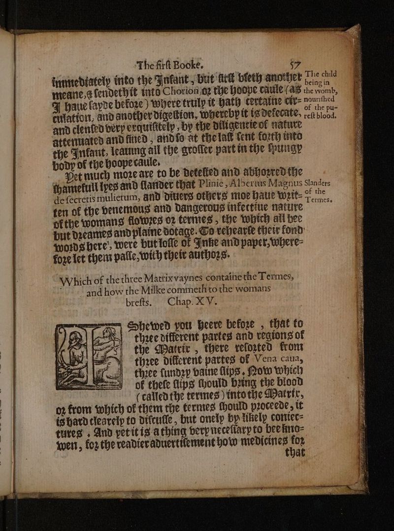| Hatre fayre before ) where truly tt Hath certattie ctv= and clenfed oery erquititely, by the diligeucteot nature attenuates and fined , andfo at thelat tent torch into the Fnfant, leatng all the qrotler part it the fyungy poop of the bsopecaule, ot much moze are to be Betelied and abhozred the defecretis mulietum, and Ditiers others moe hate woett- ten of the benemous and Dangerous infectiue nature ofthe womans flow7es 02 termes , the whitch all bee of the Termes, wows bere’, were butiofe of Fnke and paper, where= foze let thei palle, with thett authors. Which of the three Mattixvaynes containe the Termes, : and how the Milke commethto the womans brefts. Chap. XV. = Exhewed pou Heere before , that to | three different partes and veatons of the Watrir , there reforted from three different partes of Vena caua, ehice fundep baine Hips, Mow whicls of thele fips thould bang the biood | (called the termes) into the Watrir, oz from ‘which of them the termes fhould poceede, tt ishardclearelp fo Dtfcufle, but onelp by likely coniec= wert, fcr the readieraduertiiement how medicines a that