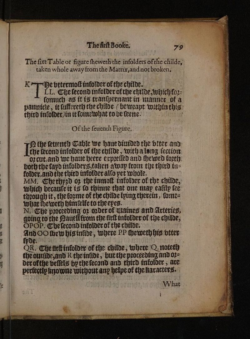 The fixt Table or figure fheweth'the infolders of the childe, taken whole away from the Matrix,and not broken. Kr be httermof tnfolder of the childe. LL. Che lecond infolder of the chide which fo2- fomuch as tt ts trantpernant tt manner of a patinicie, tt tuffereth the chloe. bemapt witgin this: third infolder)in ie fomebobat to be feene. : Of the feuenth Figure. (2 the Keuenth Cable we haue divided the biter and Tete fecond tirfolder of the chide, with alemg tection: O2cUt, and we hatte heere erpeefled and Hhewed foetiy. a] both the fayd infolders.taken away from the third tn- | folder, andebe third trfolder alfo pet whole. MM. @bethyp2d og the tumot tnfolver of the cytlde, ) | which becaufe tt is fo thinne that one nray eafilp fee through it, the forme of the childe (ping therein, fome= what Hheweth himiclfe to theepes. i | — NoGbge proceeding o2 ozder of waines and Arteries; going tothe Maueli from the firl infolder of tye childe, » | OPOP. Chelecondinfoloerofthecbiltc, : bi OO thew bisintiae, where PP Hemetyhis béter fpde. : | | OR. Che firinfoldey of the childe, where Q. noteth i theouttde,and R theintide, but the proceeding and 02- le Devofthe vellels by thefecond and third infolder , are 3 perlectip bnovne without.any belpeof thebavacters. \ What t