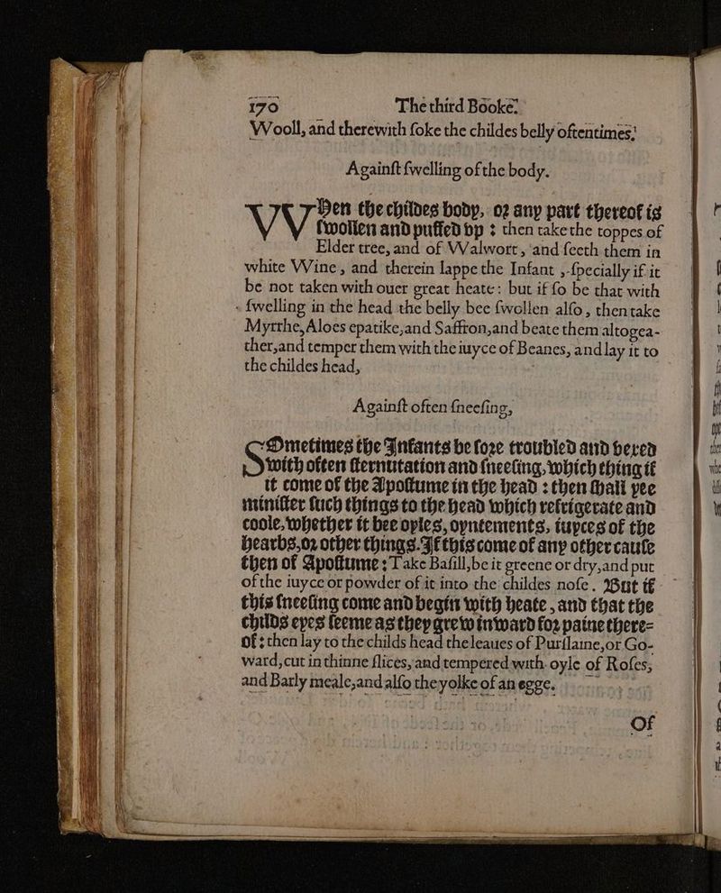 Wooll, and therewith foke the childes belly oftentimes: Againft {welling of the body. ren thechildes body, 02 any part thereof ig V wollen and puffed bp ¢ then takethe toppes of Elder tree, and of Walwort, ‘and feecth them in white Wine, and therein lappe the Infant > {pecially if it be not taken with ouer great heate: but if fo be that with - {welling in the head the belly bee {wollen alfo, thentake Myrthe, Aloes epatike,and Saffton,and beate them altogea- ther,and temper them with the iuyce of Beanes, and lay it to the childes head, | Againtft often {neefin g, With often Kernutation and {neeling, which ching tf tt come of the Apotume in the head : then Mati pee itinifter fuch things to the head which refrigerate and coole, whether tt bee opies, opntements, tupces of the Hearbs,o2 other things. Ff thts come of any other caute Chen of Spoftume : Take Balill,be it greene or dry,and put of the iuyce or powder of it into the childes nofe. ut t€ this {neefing come and beat with heate , and that the childs epes feemeas thep grew inward fo2 painethere= of chen lay to the childs head the leaues of Purflaine,or Go- ward, cut in thinne flices, and tempered with. oyle of Rofes; and Barly meale,andalfo theyolkeofanegge.