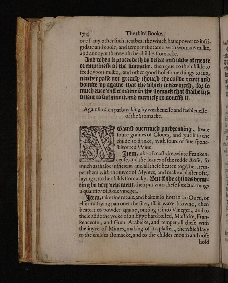 or of any othet fuch hearbes, the which haue power to infri- gidacte and coole, and temper the fame with womans milke, andannoynt therewith rhe childes ftomacke, And wien it peoceedeth by Defect and lacke of meate O02 empctinele of the Montacke, then gine tothe’ childeto feede vpon milke , and other good holefome things to fup, neither pafle not-greatlp thouah the childe retect and Homite op againe that the which itrecetueth, for {o much euee will rcemaine tn the Comack that haibe fut fictent to fuiiaine it,and meanetp co nourtth tt. A gainft oiten parbreaking by weakenefleand feebleneffc of the Stomacke. TNE sy Bani ouermuch parbeeaking , beate patel -foure graines of Cloues, and giue it tothe ' dy yp 3,1 childe to drinke, with foure or flue {pone- ) or ~PT fulsofred Wine. St Biem,take of mafticke,white Franken- PSS! cenfe,and the leaues of theredde Rofe, fo much as fhalbe (ufficient, and all thefe beaten together, tem- per them with theiuyce of Myntes, and make a plafter ofit, laying ictothe childs ftomacke. Dut tf the childes bomé= ting be bery bevemertt, then put vatothefe forefaid things. a quantity of R ofe vineger, FJtem, take fine mealejand bakeitfo hottin an Quen, or elfeina frying pan ouer the fire, tillit waxe browne, then beate it to powder againe, putting itinto Vineger, andto thefe addethe yolke ofan Egge hardrofted, Mafticke, Fran- kencenfe , and Gum Arabicke,and temper all thefe with the iuyce of Mintes, making of itaplafter, the whichlaye cothe childes ftomacke, and to the childes mouth and nofe hold’
