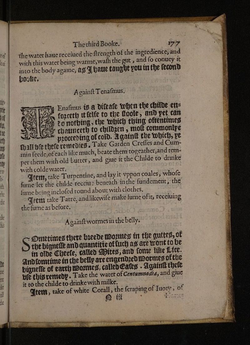 with this water being warme,wath the gut , and fo conuey it ae the body againe, ag 9, have caught pou tr the fecond 09K¢, A gaintt Tenafmus. pare y Enafinus 18 & Difeate When the childe ert= EN EG fogceth ttfelfe to the foole, and pet can y: 5) ro nothing, the which thing oftentimes WES chaunceth to childgen , mot commonipe “proceeding of cold. Agatnk the which, pe Hall hfe hele remedies. Take Garden Crefles and Cum- min feede,ofeach like much, beate them togeather,and tem- per them with old butter, and giue it the Childe to drinke with colde water. 7 Acem, take Turpentine, and lay it vppon coales, whofe firnelet the childe recéius beneath inthe fundement, the furne being inclofed roand about with clothes, Frew take Tarre, andlikewife make fume ofits recctuing the fume as before. aN oaintt wormesin the belly. Duretimes there breede noormes in the guttes, of ’) the biqnefle and quantitte of {uch ag are wont to be in olde Cheele, called Apites, and forte lifte Lice. Andfomtime in che belly are engendDzed Wormes ofthe biqnefle of earth tootes, caileaGates - Againt thele bie thigrentedp. Take the wacet of Centumnodia, and giue it tothe childe to drinke with milke. , FYtert, take of white Corall, the feraping of Iuory, of Q if : ire