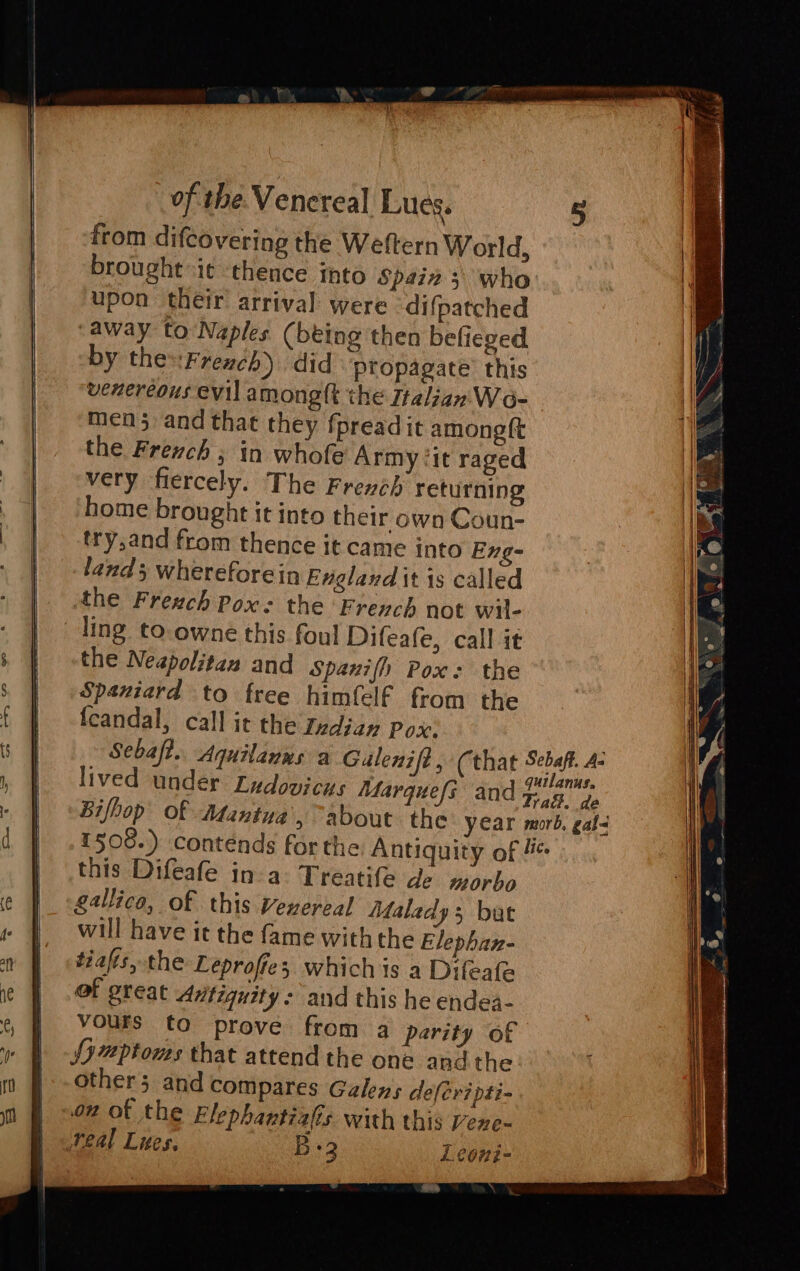 from difcovering the Weftern World, brought it thence into Spain 5 who upon their arrival were difpatched ‘away to Naples (being then believed by the-:French) did propagate this venereous evil amongtt the Italian\Wo- men 5 and that they {preadit among tt the French ; in whofe Army ‘it raged very fiercely. The French returning home brought it into their own Coun- try,and from thence it came into Eng- land; whereforein England it 1s called the French Pox: the French not wil- ling to.owne this foul Difeafe, call it the Neapolitan and Spanifh Pox: the Spaniard to free himfelf from the fcandal, call it the median Pox. Sebaft.. Aquilanns a Galenift, (that pirate A- lived under Ludovicus Marquefs and yg t Bifhop of Mantua, about the year morb, gal 1508.) contends forthe Antiquity of 4 this Difeafe inva: Treatife de morho gallica, of this venereal Malady 5 bat will have it the fame withthe Elephan- tiafts, the Leprofie; whichis a Difeafe of great Adtigquity: and this he endea- vours to prove from a parity of Sywptoms that attend the one andthe other; and compares Galens defer? pti- on of the Elephantialis with this Vere- real Lues. Bs32 Leoni-