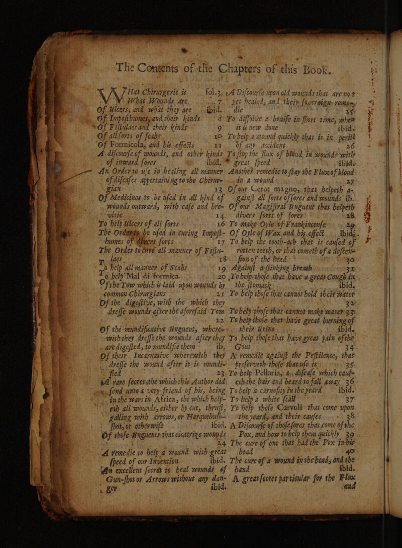 = ey ee . ee ees Sn ae a a tt Se nies ee wf = — ae SU ei SEPP Re OE A ; meee _ = Le ne er : a = 3 OOO IEEE I on RS q : 7 ~ = So  wT : ¥ —— . 9 a4 a > a G4 5 q ss = . i. gi s ee = . . wes, a2 — la — - he > cate ss eit Che — a 7 . — * AR * Se oe 4 : ; ate ete om ; mm set > Se aur) GS, <x GE ; ~ 7 cme” y rt 2 ¥ | ahs - “2 1 \ < on? < . . 5 ¥ 2 \ e The Contehts of the Chapters of this Book xX @- VV ie Chirurgeric is | What Wounds are Of Ulcers, and what they ave >.ibid.. < die 25) OF Impofthumes, aud their kinds 8 To diffolve a besife in fhort time, wher Of Fiftulacs and their kinds 9) itwnew done ibid. Of allforts of foabs 10. Tohelp 2 wound quickly that is in peril Of Formicola, and. bis effects 11... of any accident 26 A: difcourfe of wounds, and other kinds To ftop the flux of bloud iu wounds with of inward. [ores ibid. ™ great. [peed An, Order to ufe in beaiing all manner. Anorker remedie to ftay the Flux of bloud of difeafes appertaining to the Chirur- ...du.a wounds 6 gian 13. Of our Cerot_magno,. that helpeth a- Of Medicines to be ufed in all kind of — gainjt all forts of fores and wounds ib. wounds outward, with cafe and bre- OF our Magifiral Haguent thar helpeth vitic 14... divers forts of fores : 28, To help Ulcers of all forts 16° T0 make Oyle of Frankincenfe 29 The Ovdeptp.be ufed in curing Impoft- Of Oyle of Wax.and bis.effed humes of dpers forts 17 To help the tooth-ach that is cauled of The Order to cure all manucr of Fifiu-- rotten teeth, or that cometh of a defeen= lags. 18 fron of the head 30 0 help all manner of Scabs 19 Againft aflinking breash zz “0. belp Mal di forniica [the Tow which t laid upon wounds by _ the fiomack _. _ ibid. common Chirurgiaus 21 To help thofe that canuot hold theit water Of the digofiive, with the which they : 3 dreffe wounds after the afore{aid Tom Tohelp thofe thar canwor make materz 3 ; 22. To help thofe. that-have great. buruing of Of the mundificative Ungnent, where--, their Urine . - ibid. withibey dreffethe wounds after they To belp tholethat have great pain ofthe are digefted, to mundifie them ib, Gout 3 34 Of their. Tucaritative wherewith they A: remedie againft the Peflélence, that _ dveffe the wound after it1s mundix ~ preferveth thofe thatufe i 35 fied 23. To belp Pellaria,: 4.difeale which cauf= 8A ware fecrersthe which this Author did. . eththe bair aud beardto fall. away, 36 fond unte a very friend of his, being To help a-carnofityintheyeard. ~ ibid. inthe wars in Africa, the which help- To help a white [cal 37 eth all wounds, either by cut, thruft, To help thofe Carvoli that come upon galing with arrows, or Harquebufh— “the yeards and their:caufes . 38 hot, or otbherver/e ibid. A Difcourfe of thofefores rhat.come of the OF vhofe Unguents that cicatrize wonyds. Pox, aud how to help them quickly 39 : . 44 The cure of one that bad the Pox ibis ‘A temedie to help a wound with great head ; 40 {peed. of our Invention ibid. The cure of a wound inthe bead; and the tn excellent fecrer to heal wounds of baud ibid. Gun-fhot or Arrows without any dan-” A greatfecret particular for the Flex . Ber ibids. aud cr 4 7 : fol.3, cA Difcourle upon.old wounds rhat ave not a ie ok pode 4