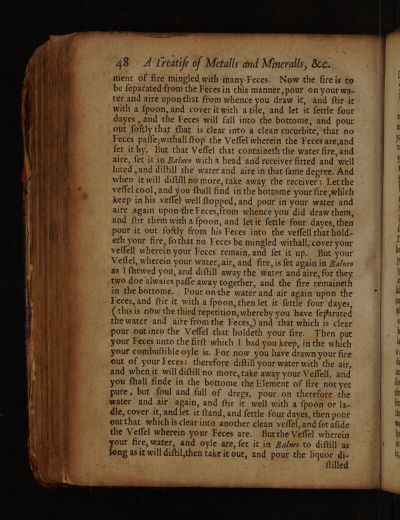 ter and aire uponthat from whence you draw it, and ftir ic with a fpoon,and cover itwith atile, and let it fettle four dayes , and the Feces will fall into the bottome, and pour ont foftly that that is clear into a clean cucurbite, that_no Feces paffe;withall ftop the Veffel wherein the Feces areand fet itby. But that Veffel that containeth the water fire, and aire, fet it in Ba/zeo witha head and receiver fitted and ‘well luted ,and diftill che water and aire in that-fame degree. And when it will diftill no more, take away the receiver: Letthe veffel cool, and you fhall find inthe bottome your fire which keep in his veffel well topped, and pour in your water and aire again upontheFeces,from whence you did draw them, and ftir them with a fpoon, and letit fettle four dayes, then pout it out foftly from his Feces into the veffell that hold- eth your fire, fothat no, Feces be mingled withall; cover your veffell wherein your Feces remain, and fet it up. But your Veflel, wherein your water, air, and fire, is fet again in Balneo as | fhewed you, and diftill away the water and aire, for they two doe alwaies paffe away together, and the fire remaineth in the bottome. . Pour onthe water and air again upon the Feces, and ftir it with a fpoon, then let it-fettle four dayes, ( this is now the third repetition, whereby you ‘have feparated the water and aire fromthe Feces,) and that which is clear pour outinto the Veffel that holdeth your fire. Then put yout Feces unto the firft which I bad you keep, inthe which your combuftibleoyle is. For now you have drawn your fire out of your Feces: therefore diftill your water with the air, and when it will diftillno more, take away your Veffell, and you fhall finde in the bottome the Element of fire not yet pure, but foul and full of dregs, pour on therefore the water and air again, and ftir it well with a fpoon or la- dle, cover it, and let it ftand, and fettle four dayes, then pour outthat which isclear into another clean veffel, and fet afide the Veffel wherein your Feces are. Butthe Veffel wherein your fire, water, and. oyle are, fet it in Balveo to diftill as Jong as it will difti!,then take it out, and’ pour the liquor a | Lille