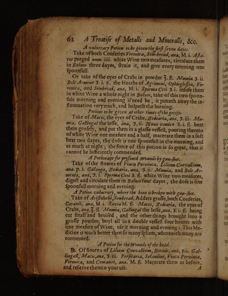 : A vulnerary Potion tobe given the firft feven dayes. _ Take ofboth Conferies Veronica, Sow-bread, ana, M.i. Afta- cos putged num. iiii. white Wine twomeafures, circulatethem in Balneo three dayes, ftrain it, and give every morning one fpoonfull. Or take of the eyes of Crabs in powder 3.8. Atumia 3. ii. Bole Armene 3.i. {. the Hearbs of Agrimoni, Ophiogloffon, Ve- ronica, and Sewbread, ana, M.i. Sperma Ceti 3.i. infufethem in white Wine a whole night in Balzeo, take of this two {poon- fuls morning and evening ifneed be , it putteth. away the in- flammation very much, and helpeth the burning. Potions to be given at other times of the greifes Take of Afgczs, the eyes of Crabs, Zedoaria, ana, 3. tii. Aly. mia, Gallingal the \efle, ana, 3, ii. Nuseis vomice 3. i. &amp;. beat: ‘them grofely, and put them in a glaffe veffell, pouring thereto of white Wine one meafure and a half, macerate them in afoft heat two dayes, the dofe is one fpoonfull in the morning, and as much at night ; the force of this potion is fo great, that it cannot be fufficiently commended. | shin’: A Potionapt for poyfoned Wounds by gun-fbot. Take ofthe floures of Visca Pervinca, Lilium Convalium, ana. p.t. Galanga, Zedoaria, ana, 3. Mumia, and Bole Ar- mentd, ana, 3.1. SpermaCers 3. $. white Wine two meafures, digeft and circulate them in Balneo'fout dayes , the dofe is one fpoonfull morning and evening. A Potton vulnerary, where the bone broken with gun-fhot. Take of Aviftolochi, Sombread, Adders graffe,both Conferies, ‘Geranit, ana,M.1. SavinM. &amp;. Maces, Zedoaria, the eyes of Crabs, ana,3.:8. Mumia, Gallingal the \efle ana, 3:1. &amp;: being cut fmalfand bruifed , and the otherthings brought into a groffe powder, ‘boy! all ina double veffell four houres with One meafure of Wine, ufeit morning and evening : This Me- dicine is much better then fo many fplints, wherewith many are tormented. * | ‘ A Potion for the Wounds of the head. Ry. Of floures of Lilium Convallinm, Betonie, ana, p.i. ‘Gal- lingall, Macis,ana, Ziti. Perfitaria, Selandine, Vinca Pervinca, Veronica, and Cestauri, ana, M. &amp;. Macerate them as before, and referve themto your ufe. : A Ar gam