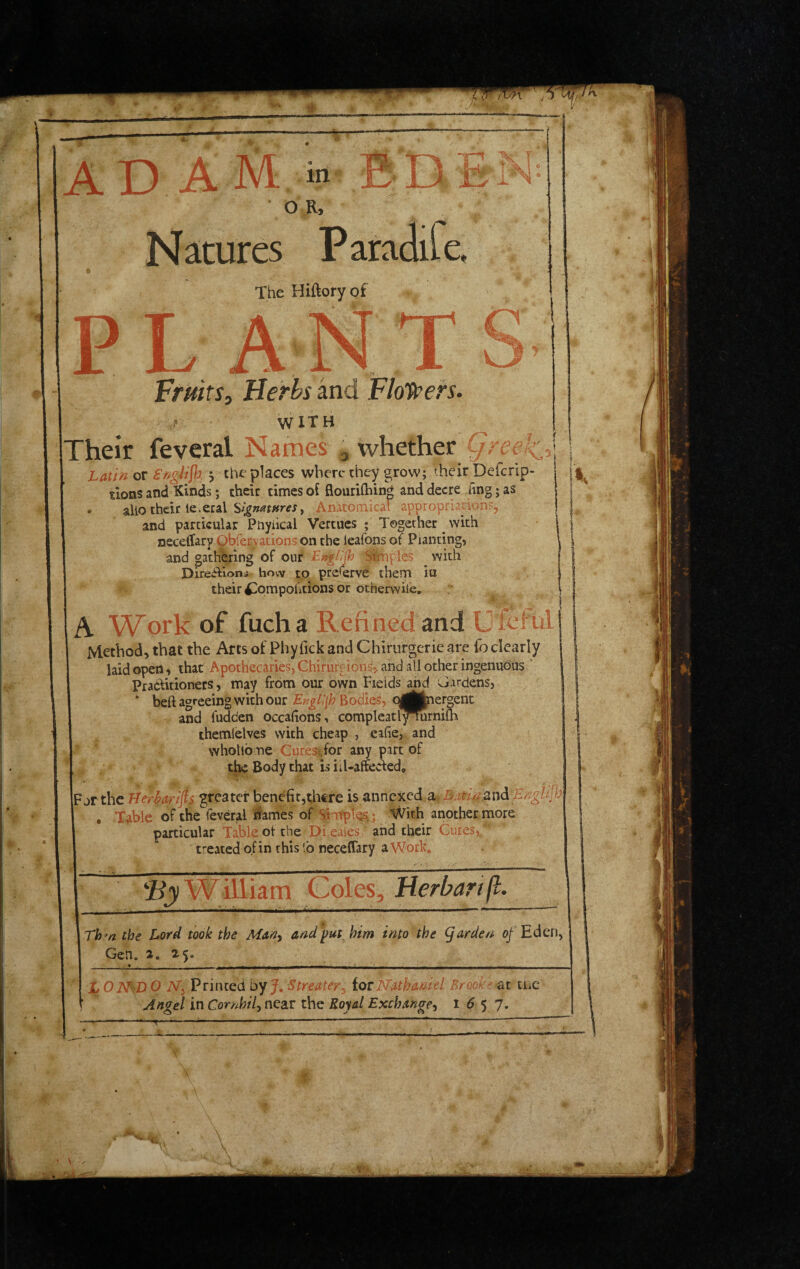 AD AM OR, s:, / X jX; Natures Paradife, The Hiftory of PL A .A Fruits^ Herbs and Floycers. ? with Their feveral Names , whether Greeks Latin or Fnglifh. ^ the places where they grow; their Defcrip- uons and Kinds; their times of flourifhinp and decre hng; as • aUo their le.etal Anatomical appropriations, and particular Pnyiical Vertues ; Together vvith necelfary Qbfer^ations on the leafons of Planting, and gathering of our E^gGjh Sihaples with DireiViotij how to preierve them iu their ^ompolitions or otherwiie,  A Work of fucha Refined and Ufetul Method, that the Arts of Phyfick and Chirurgcric are lb clearly laid open, that Apothecaries, Chirur[;ions, and all other ingenuous ‘ Practitioners, may from our own Fields arid Gardens, ‘ beft agreeing with our Bodies, q||j|||per^ent and hidden occafions, compleatl^urnifh themlelves with cheap , eafie, and whollbme Cure^for any part of ^ j % ' the Body that is iil-afifected, Fjr the Herhm^s greater benefit,there is annexed a, ' . Table of the feveral ifames of SimPpl^; With another more particular Table ol the Di.eaieS; and their Cures treated of in this lb neceflary a Work. K William Coles, Herbarifl. Th >n the Lord took the Mariy and put him into the (jarden oj^'Eden, Gen. 2. 25. LOHl^D O Ny Printed by Streatey^ {orKfathaniel Brook at tnc Angel in Corhhilyntzx the Royal Exchange^ 1^57. V