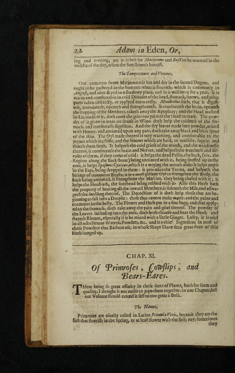 \ Adam in Eden, Or^ and evening, yet it is bed for and to be watered in the mi^ddle of the day, when the Sun fhineth hotted. The iemperamre and Vertfie^, Our common fweet Marjerome is hot and dry in the fecond Degree, and ought CO be gathered in the Summer when it floureth, which is commonly in Aagaft^ and after dryed in a fhadowy place, and fo it willferve for a year. It is warm and comfortable in cold Dilealesofthehead,ftomack,finews, and ocher parts taken inwardly, or applyed outwardly. Matthiolns that it digeft- eth, actenuateth, openech and drengtheneth. It comforteth the brain, openetfi the (lopping ofthe Members, taketh away the Apoplexy; and the Head waflied in Lie made of it, doth caufe the grievous pain of the Head to ceale. The pow¬ der of it given in meat, or drunk in Wine* doth help thecoldnefs of the (lo- mack, and comforteth digeftion. And the dry leaves made into powder,mixed ' with Honeyy and anointed upon any part, doth take away black and blew fpots of the skin. The Oyl made thereof is very warming, and comfortable to the joynts which are hiffe, and the Sinews which are hard, to mollifie, fupple, and llrecch them forth. It helpeth the cold griefs of the womb, apd the windinelfc thereof, it comforteth the brain and Nerves, and helpeth the wearinefs and di(^ eafes of them, if they come of cold: it helps the dead Palfie, tne back, {viz., the • Region along the Back-bone) being anointed with it, being fnuffed up in the nole, it helps Spafmus which is a wrying the mouth afide:It helps noyfe in the Ears, being dropped in them: it provokes the Terms, and helpeth the bitings of venomous Beafts; it is a moft gallant Oyl to ftrengthcn the Body, the back bein*’anointed, it ftrengthens the Mufcles, they being chafed with it; it helps the Head-ach, the forehead being rubbed with if Alfo this Herb hath the property of heating all the inward Members,it foftneth the Milt,and affwa- oeth the rwelling thereof. The Decoftion of it doth help thofethat are be¬ ginning to fall into a Dropfie: thofe that cannot make water, and the pains and t^orments in the belly. The Blower and Herb put in a fine bagg, and that apply- cdtoiheftomack, doth takeaway the pain and grief thereof. The powder of the Leaves fnifted up into the nofe, doth both cleanfe and heat the Head, and ftayeth Rheum, efpecially if it be mixed with a little Ginger. Laftly, it is ufed In all odoriferous Waters, Powders, &c, and is a chief Ingredient in moft of thofe Powders that Barbers ufe, inwhoreShopsIhavcfeen great ftore of this Herb hanged up. CHAP. XI. Of Tr'mhfes, flips, and ^ears-Eares. Here being fo great affinity in thefe forts ofPlants, both for form and quality, I thought it not amifs to joyn them together, in one Chapter,left our Volume (hould extend it fell to too great a B ulk. The Nams, Primrofes are ufiially called in LatinePn»?»/iep'^rm, becaufe they are the • lirft that flowriih in the Spring, or at Icaft flower with the firflj nay, fometimes