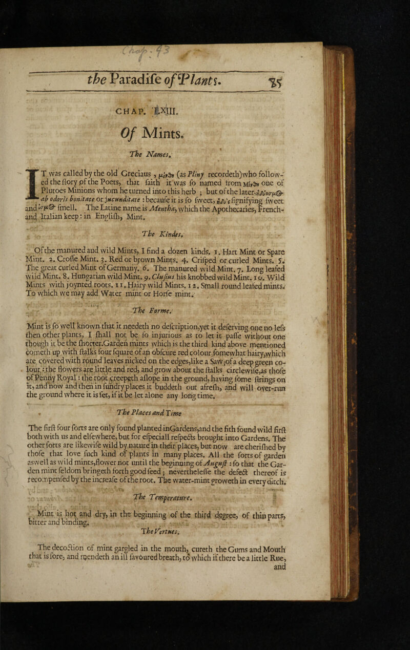 CHAP. EXJII. Of Adints. The Names^ IT was called by the old Greciaus , (asP//»/ recordeth)who follow¬ ed the flory pf the Poets, that faith it was fo named trom one of Plutoes Minions whom he turned into this herb ; but of the UtcrMo-fAQ- ab 0don's bonitate or ]ttcmditate : becaufe it is fo fweet, lignifyin^ fweet and fmell. The Latine name is JULenthdy which the Apothecaries, french- and Italian keep: in En^lilb, Mint. The Kinds So Ofthe manured aud wild MintS;, I find a dozen kinds, i . Hart Mint or Spare Mint. 2. Croffe Mint. Red or bjown Mints. 4. Crifped or curled. Mints. S.‘ The great curled Mint of Germany. 6, The manured wild Mint. 7. Long leafed wild Mint. 8. Hungarian wild Mint, 9. Clufius his knobbed wild Mint^ i o. Wild Mints with joynted roots. 11. Hairy wild Mints. 12. Small round leafed mints. To which we may add Water mint or Horfc mint^ . . . iAM ’ ^ The Forme, Mint is fo well known that it needeth no defcriptiori,yet it deferving one no lefs then other plants, I {ball not be fo injurious as to let it pafle without one though it be the fhorter.Garden mints which is the third kind above mentioned comech up with ftalks fourfquare dfap obfcure red col our ^forne what hairy,\vhich are covered with round leaves nicked on the edges,like a SaWjof a deep green co- . lour,: the flowers are lict\e and red, and grow about the ftalks circlewife,as thofe of Penny Royal: the ropty reepeth aflope in the ground, having fome firings on' it, and'now and then in fundry places it buddeth out afrefh, and will over-run the ground where it is fet, if it be let alone any long time. V . . . The Places and Pime The firft four forts are only found planted inGardens,and the fith found wild firft both with us and elfewhere, but for efpeciall refpedls brought into Gardens. The other forts are likewife wild by nature in their places, but now are cherifbed by thofe that love fuch kind of plants in many places. All the forts of ^^ardeii aswell as wild mincs,flower not until the beginning of Augufi ; fo that the Gar¬ den mint feldombringeth forth good feed; neverthelefle the defed thereof is recoiupenfed by the increafe of the root. The water-mint groweth in every ditch. The Tmfermsre, b . Mint is Imt and dry, in the beginning of the third c^gree, of thin parts, it ter and binding. Thep^ertfies, The decoflion of mint gargled in the mouth, cureth the Gums and Mouth that is fore, and rQendech an ill favoured breath, to which if there be a little Rue, and