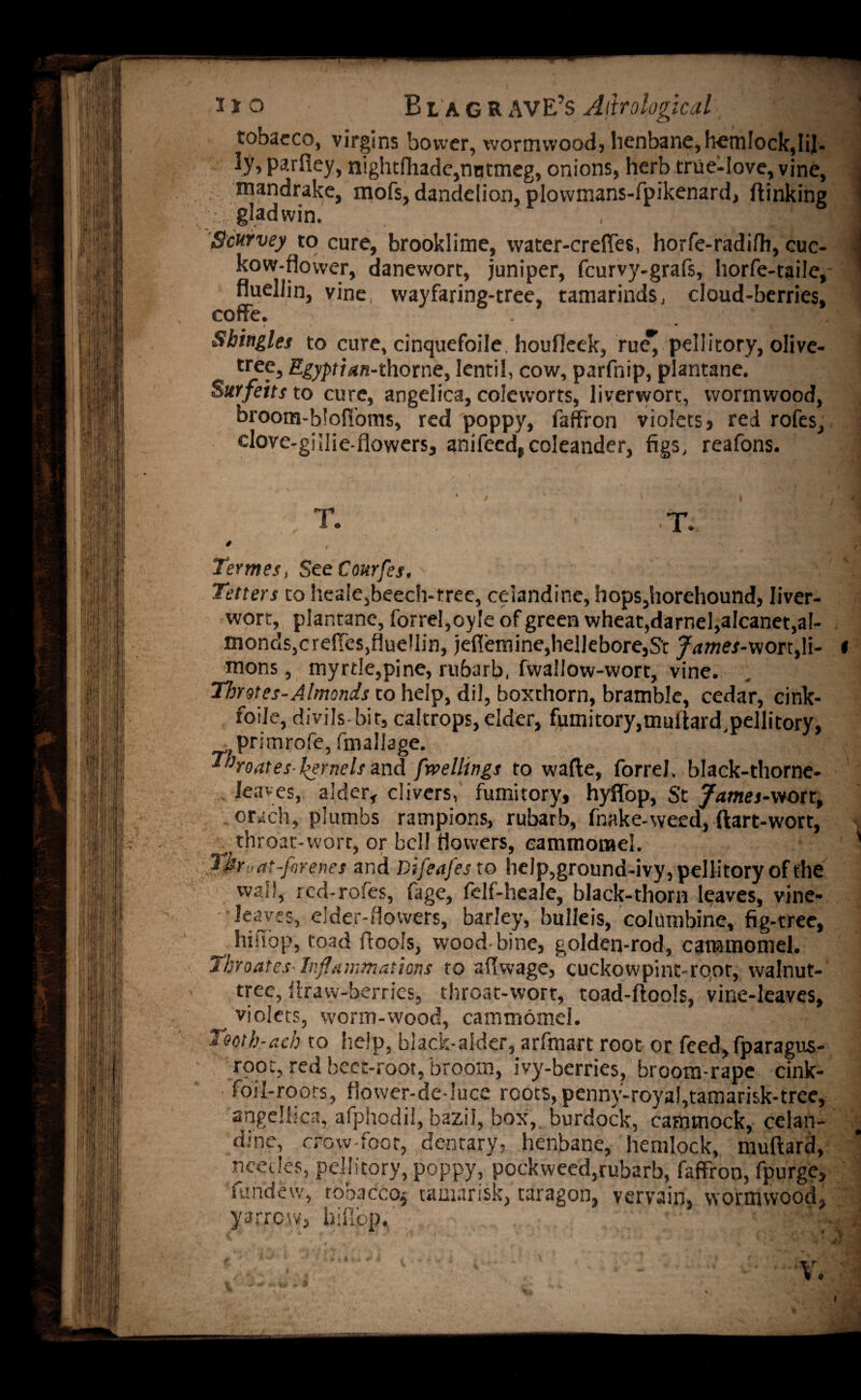 tobacco, virgins bower, wormwood, henbane,hemlock,Ii]- ly, parfiey, nightfhade,nutmeg, onions, herb true-love, vine, mandrake, mofs, dandelion, plowmans-fpikenard, (linking glad win. , :■ 'fPH Scurvey to cure, brooklime, water-crefles, horfe-radifh, cue- -1 kow-flower, danewort, juniper, feurvy-grafs, horfe-taile,- 1 fluellin, vine wayfaring-tree, tamarinds, cloud-berries, eoffe. . I _ • b Shingles to cure, cinquefoile. houfleek, ruc^ pellitory, olive- tree, Egypt ian-thotnc, lentil, cow, parfnip, plantane. ; Surfeits to cure, angelica, eoleworts, liverwort, wormwood, broom-blofibms, red poppy, faffron violets, red rofes, clovc-gillie-flowers, anifeed, coleander, figs, reafons. Termes, See Courfes, Tetters to heale,beech-tree, celandine, hops,horehound, liver¬ wort, plantane, forrel,cyle of green wheat, darnel, alcanet,al- monds^reffes^uellin, jeflemine,hellebore,St James-wonfi- * mons, myrtle,pine, rubarb, fwallow-wort, vine. Throes-Almonds to help, dil, boxthorn, bramble, cedar, cink- foile, divils-bit, caltrops, elder, fumitory,muftard,pellitory, primrofe, fmallage. v T'hoates-^ernels and free lit tigs to wafte, forrel. black-thorne- leayes, alder, clivers, fumitory, hyffop, St James-wott, orach, plumbs rampions, rubarb, fnake-weed, ftart-wort, throat-wort, or bell flowers, eammomel. ' Threat-forcues and Difeafes to help,ground-ivy,pellitoryofthe wall, red-rofes, fage, felf-heale, black-thorn leaves, vine- leaves, elder-flowers, barley, bulleis, columbine, fig-tree, hiiTop, toad flools, wood bine, golden-rod, eammomel. Throates- Inflammations to aftwage, cuckowpint-roor, walnut- tree, f (raw-berries, throat-wort, toad-flools, vine-leaves, __ violets, worm-wood, eammomel. -j Tooth-ach to help, black-alder, arfmart root or feed,fparagus- root, red beet-root, broom, ivy-berries, broom-rape cink- foil-roots, flower-de-luce roots, penny-royal,tamarisk-tree, angeUIca, afphodil, bazil, box,, burdock, cammock, celan¬ dine, crow-foot, dentary, henbane, hemlock, muftard, ncedes, pellitory, poppy, pockweed,rubarb, faffron, fpurge, fdndew, rbbaccoj tamarisk, taragon, vervain, wormwood, yarrow, hiflbp. 'i