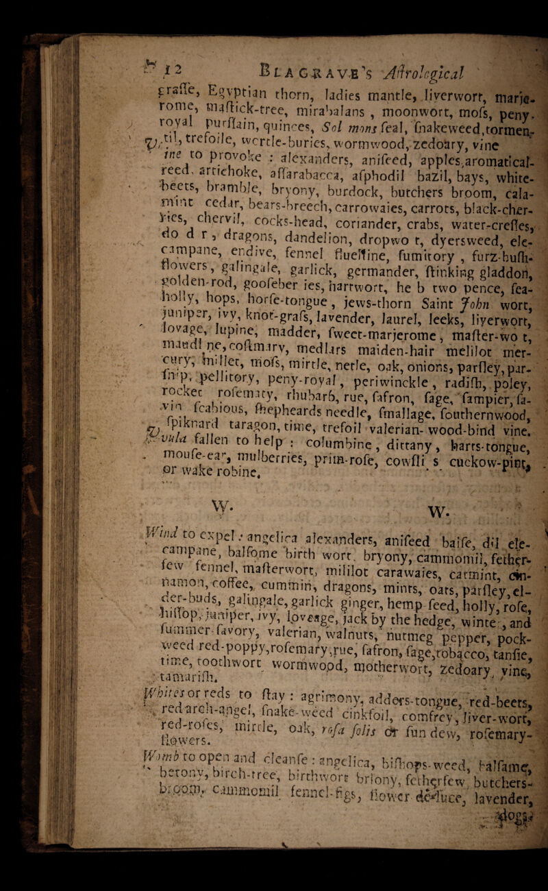 w Blagsave’s Aftrolcgical crsiie, Egyptian thorn, ladies mantle, liverwort, marje- rome, maftick-tree, mirabafans , moonwort, mofs, peny- royal purflain, quinces, Sol tnons lea 1, fnakeweed,tormen- p,-. ’ trc 0,le, wcrtle-buries, wormwood, zedoary, vine me to provoke ; afexanders, anifeed, apples,aromaticaI- reed, artichoke, affarabacca, afphodil bazil, bays, white- beets, bramble, bryony, burdock, butchers broom, cala- rni’it cedar bears-breech, carrowaies, carrots, black-cher- i tcs, cliervij, cocks-head, coriander, crabs, water-crefles, to d r, dragons, dandelion, dropwo t, dyersweed, ele¬ campane, endive, fennel flueltine, fumitory , furz-bufh- fiowers, gahngale, garlick, germander, {linking gladdon, go ( en-rod, goofeber ies, harrwort, he b two pence, fea- no iy, hops, hode-tongue, jews-thorn Saint John wort, jumper, ivy, knot-grafs, lavender, laurel, leeks, liyerwort, lovage, lupine, madder, fweet-marjerome, mafter-wo t, maudl ne,cokinary, medlars maiden-hair melilot mer- cury, mdlet, mofs, mirtle, netle, oak, onions, parfky,par- • p, pellitor.y, peny-royal, periwinckle, radifh, poley, rocKec rofematy, rhubarb, rue, fafron, fage, fampier, fa- r caruS’ ^epheards needle, fmallage, fouthernwood, fU R1 l' „ tarag°n, time, trefoil' valerian-wood-bind vine. v-alien to help : columbine, dittany, harrs-tongue, * ^^e ca-, mulberries, prim-rofe, cowfli s cuckovv-pinu . 01 wake robine, • - r * v * i W. W. Wmd to expel .• angelica alexanders, anifeed baife dil ele- few^f^’ f!r°ae h'rt*1 worr bry°ny» cammomil, fether- lew fennel, maflerworc, tnililot carawaies, catmint, cin- Cu.mm,n’ dragons, mints, oars, pirfley.el- liHTnn 5’ 8aIinfa!eY?arl,c^ §mger, hemp feed, holly, rote, r Sl;wr Per’ IVy,lIp.V£,8e>>ack by the hedge, wince:, and -Uu.uicr favory, valerian, walnuts, nutmeg pepper, pock- weed red-poppy,rofematy,rue, fafron, fag!,tohicco, tanfie, vMowIfli?1WOrt' vvornwopd> motherwort, zedoary, vine, rV *grTV’ ad^^ongue, red-beets, Jed-rofr?' m-'i•fnakc'rCCdcCI?k?oi!» comfrcV, liver-wort, Powers * Ut e’ 0JA) rofa f°lts <* fun dew, rofemary- ^onvIWr(ah1rfCa^i3ngdica’ hifhops-weed, Nlfame, , ’ ree, birthwort briony, fetherfew butchers- .fiorn., cammomil fennel-figs, flower- deduce, lavender, . . id'