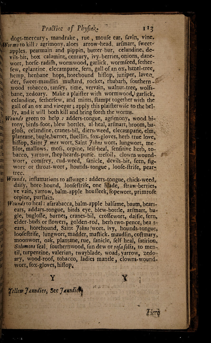 L V \ It li * Tractke of Pbyfich* ' 113 dogs-mercury, mandrake, rue , moufe ear, favln, vine. arms to kill •• agrimony, aloes arrow-head, arfmart, fweet- apples, pearmain and pippin, butter bur, celandine, de- vils-bit, box calamint, century, ivy-berries, onions, dane- vvort, horfe-radifh, wormwood, garlick, wormfeed,fether- few, eglantine, elecampane, fern, gall of an ox, hazel-tree, hemp, henbane hops, horehound hiflop, juniper, Iaver^ der, fweet-maudlin muftard, rocket, rhubarb, fouthern — vwood tobacco, tanfey, time, vervain, walnut-tree, wolfs¬ bane, zedoary. Make a plaifter with wormwood*! garlick, celandine, fetherfew, and mints, ftampt together with the gall of an ox and vinegar 5 apply this plaifterwife to the bel= ly, and it will both kill and bring forth the worms. Wounds green to help : adders-tongue, agrimony, wood bi* tony, birds-foot, blew bottles, al-heal, arfmart, broom,bu- glofs, celandine, cranes-bil, diers:weed, elecampane, elm, plantane, bugle,burnet, fluellin, fox-gloves, herb true love,1 hiflop. Saint / tries wort, Saint Johns wort, lungwort, me- iilot, mallows, mofs, orpine, felf-heal, fenfitive herb, to¬ bacco, yarrow, fhepheards-purfe, trefoil, clownswound- worr, comfrey, cud-weed, fanicle, devils-bit, fern, fig- wort or throat-wort, hounds-tongue, loofe-ftrife, pear- tree. IW ifi IW \ Wounds, inflamations to aflwage: adders-tongue, chick-weed, daify, hore-hound, loofeftrife, one blade, flraw-berries, . ve vain, yarrow, balm-apple houfleek, fopewort, primrofe orpine, purflain. Wounds to heal: afarabacca, balm-apple balfame, baum, bears- ears, addars-tongue, birds eye, blew-bottle, arfmart, bu-» gle, buglofic, burnet, cranes-bil, croflewort, dajfie, fern, elder-buds, or flowers, golden-rod, herb two-pence, bea s- ears, horehpund, Saint Johns ,'wort, ivy, hounds-tongue loofeftrife, lungwort, madder, maftick. maudlin, coftmary moonwort, oak, plantane, rue, fanicle, felf heal, fatirion Solomons feal, fouthernwood, fun dew or rofa folis> to men- til, turpentine, valerian, twayblade, woad, yarrow, zedo¬ ary, wood-roof, tobacco, ladies mantle, clowns-wound- \vort, fox-gloves, hiflop^ 3