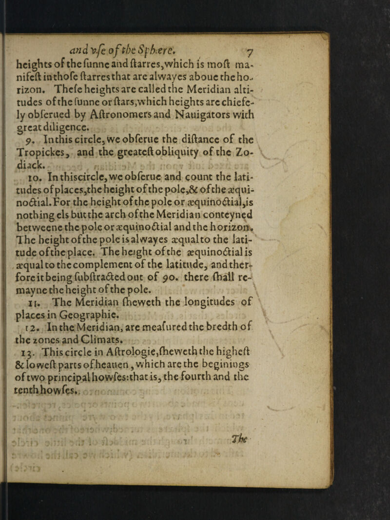 heights of the ftinnc and ftarres,which is moft ma* nifeft in thofe ftarres that are alway cs abouc the ho.< rizon. Thefe heights are called the Meridian alti¬ tudes of the funne or ftars,which heights arc chiefc- lyobferued by Aftronomersand Nauigators with ' great diligence. 9. In this circle, we obferue the diftancc of the Tropickes, and the greateft obliquity of the Zo- diack. 10. Inthiscircle,wcobferuc and count the lati¬ tudes of places,the height of the pole,& of the equi¬ noctial. For the height of the pole or equinodial,is nothing els but the arch of the Meridian contcyned betweenc the pole or equinoctial and the horizon. The height ofthe pole is al way es equal to the lati- ! tude ofthe place. Thehaght ofthe equino&ialis : equal to the complement of the latitude, and there¬ fore it being fubftraded out of 90. there fhall rc~ mayne the height ofthe pole. iu The Meridian fheweth the longitudes of places in Geographic. r 2. In the Meridian, are measured the bredth of the zones and Climats. 13. This circle in Aftrologie>fheweth the higheft & lo weft parts of hcauen, which are the beginings of two principal howfes-.that is, the fourth and the tenth howfes,. rk