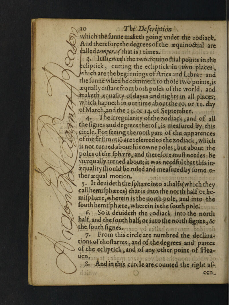 which the funne maketh going vnder the zodiaefrv ndthereforethcdegrccsofthe aequino&ial arc ailed temper a (chat is) times, 3* It flicweth the two airquino&ial points in the cliptick, cutting the ecliptick.in two places 3 hich arc the beginnings of Aries and Libra: and the funne when he commcth to thofc two points,is ualiydiftant from both poles ofthe world, and akcth^quality oldayes and nights in all places; which hapneth in pur time about the to, or 11. day ofMarch,andthc i j. or 14.of September, 4. The irregularity ofthezodiack5and of all the fignes and degrees therof 5 is mcafured by this circle. For feeing the moft part of the apparencies of the firft motio are referred to the zodiack > which is not turned about his owne poles 5 but about the poles of the fphaerc, and therefore muftnecdcs be vnxqually turned about;!; was ncedfukhat this in¬ quality fhould be ruled and mcafured by fomc o- thcraequal motion. 5. Itdeuidcththcfphaercinto 2,halfs(whichthey callhemifpbxres) that is into the north half or be- mifph^re* wherein is the north pole, and into the fouth hcmifphaere, wherein is the fouth pole, 6. So it deuideth the zodiack into the north half, and the fouth half; or into the north fignes > Sc c fouth fignes. . 7. From this circle are numbred the declina¬ tions of the ftarres, and of the degrees and partes of the ecliptick > and of any other point of Hea- uen. 8. And in this circle amounted the right a£ ccn_