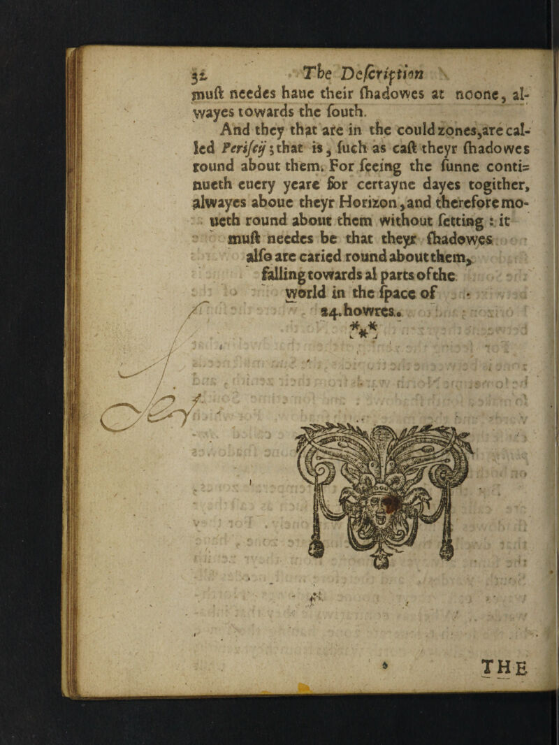 3i The Defcripion jnuft needes hauc their (hadowes at noone, al- wayes towards the fouth. And they that are in the could zones,are cal¬ led Peri/cif ;that is, fuch as caft theyr (hadowes round about them. For feeing the funne contis nueth euery ycare for certayne dayes togither, alwayes aboue theyr Horizon, and therefore mo- ucth round about them without fetting : it muft needes be that theyr (hadowes alfo are caried round about them, falling towards al parts ofthe world in the (pace of • 3 ; »/ r '!s4.howrcs.