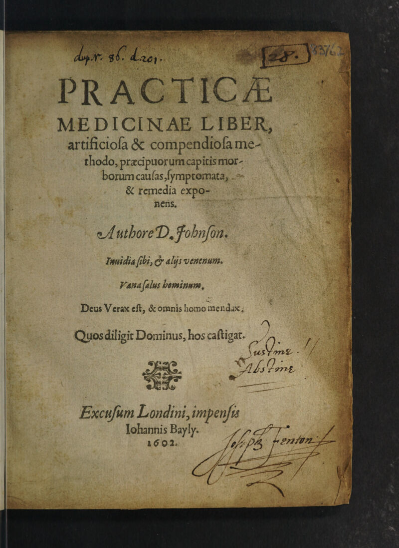 MEDICINAE LIBER., artificiola <Sc compendiofame- thodo, praecipuorum capitis mor^ borum caufas,fymptomata, & remedia expo¬ nens. <*A uthore ‘D.fohnfon. Inu i dia fibi, & altjs venenum. Vana[dius hominum* \r i* ■' Deus Verax eft, & omnis liomo mendax; Quos diligit