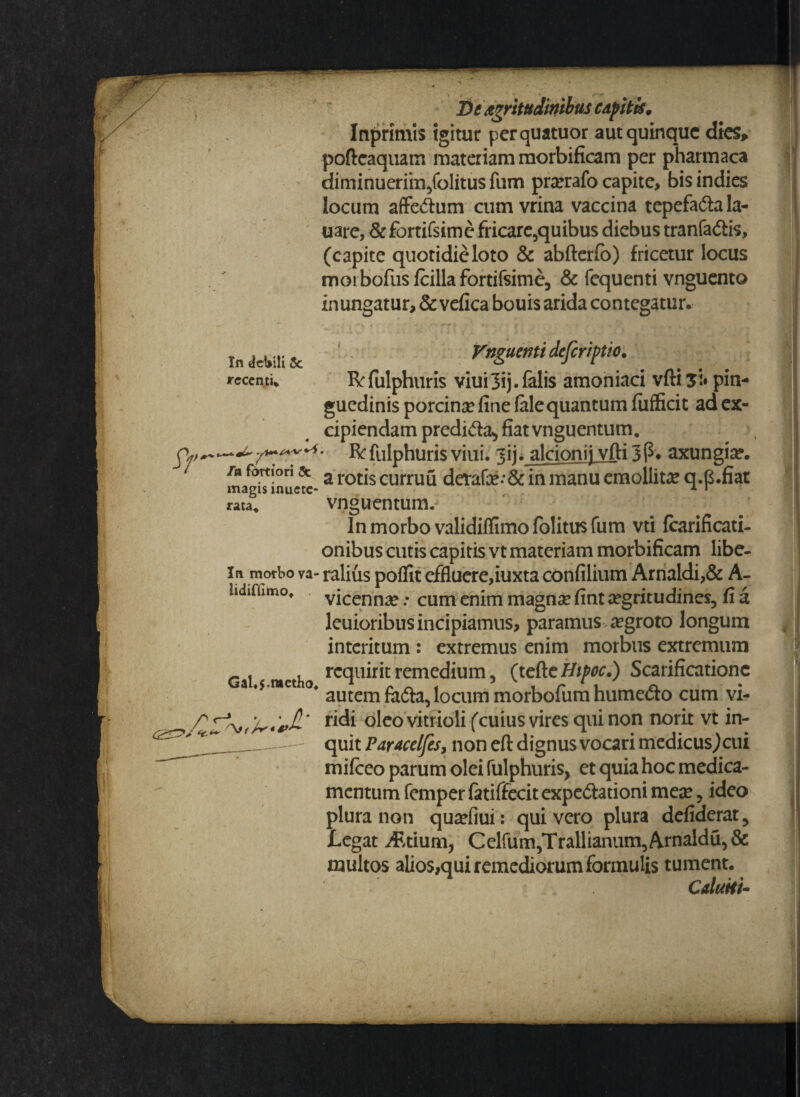 In debili Se recenti* sy i Ut acritudinibus Cdpitis. Inprimis igitur perquatuor aut quinque dies, pofteaquam materiam morbificam per pbarmaca diminuerim/olitus fum pnerafo capite, bis indies locum affe&um cum vrina vaccina tepefadlala- uare, &fortifsime fricare5quibus diebus tranfadiis, (capite quotidie loto & abfterfo) fricetur locus mot bofus Icilia fortifsime, & fequenti vnguento inungatur, & vefica bouis arida contegatur* Vngucnti defertptio. Rfulphuris viuijij. falis amoniaci vftisi» pin¬ guedinis porcina? fine lale quantum fufficit ad ex¬ cipiendam predida, fiat vnguentum. Rfulphurisviui. jij. alcionij viti3(L axungia, fortion & a rotjs curruQ derafa?.*& in manu emollitae q.p.fiat magis inuete- * 1 rata. vnguentum. In morbo validiflimo folitus fum vti fcarificati- onibus cutis capitis vt materiam morbificam libe- in morbo va- ralius poflit effluere,iuxta confilium Arnaldi,& A- hdiffimo* vicenn^e: cum enim magna? fint aegritudines, fi a lenioribus incipiamus, paramus aegroto longum interitum : extremus enim morbus extremum Gal metho ^q11™ remedium, (tcftcHipoc.) Scarificatione a *s' c autem fa&a,locum morbofum humedlo cum vi- oleo vitrioli (cuius vires qui non norit vt in¬ quit Paracclfesj non eft dignus vocari medicus,)cui mifceo parum olei fulphuris, et quia hoc medica¬ mentum femper fatiffecit expe&ationi mea?, ideo plura non qua?fiui: quivero plura defiderat. Legat Alcium, Celfum,Trallianum,Arnaldu>& multos alios,qui remediorum formulis tument. Calutti-
