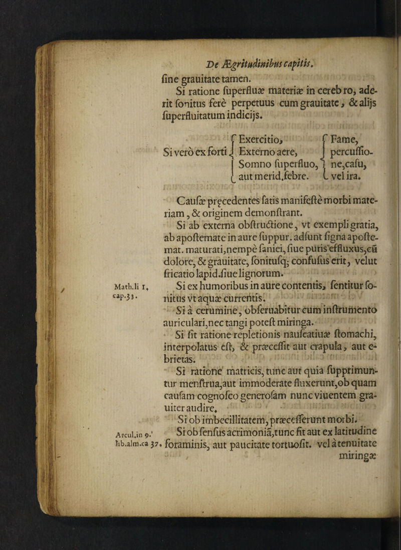 fine grauitate tamen. Si ratione fuperflu# materi# in cereb ro, ade¬ rit fonitus fere perpetuus cum grauitate, & alijs fuperfluitatum indicijs. T Exercitio, f Fame, Si vero ex forti «j Externo aere, J percuflio- I Somno fuperfluo,1 ne,cafu, aut merid.febre. L vel ira. > i .. i i Caufe procedentes fatis manifefte morbi mate¬ riam , & originem demonftrant. Si ab externa obftru&ione, vt exempli gratia, ab apoftemate in aure fuppur. adfunt figna apofte- mat. maturati,nempe faniei,fiue puriseffluxus,cu dolore, & grauitate, fonitufq- confufus erit, velut fricatio lapid.fiue lignorum. Math.ii rt Si ex humoribus in aure contentis, fentiturfo- cap.33 - nitus vt aqua: currentis. Sia cerumine, obferuabiturcuminftrumento auriculari,nec tangi poteft miringa. Si fit ratione repletionis nauieatiu# ftomachi, interpolatus eft, & prceceffit aut crapula, aut e- brietas. Si ratione matricis, tunc aut quia fupprimun- tur menftrua,aut immoderate fluxerunt,ob quam caufam cognofco generofam nuneviuentem gra- uiter audire. Si ob imbecillitatem, praecefferunt morbi. Arcuiin 9.' Si obfenfiis acrimonia,tunc fit aut ex latitudine iib.aim.ca 37* foraminis, aut paucitate tortuofit. vel a tenuitate , miringae t