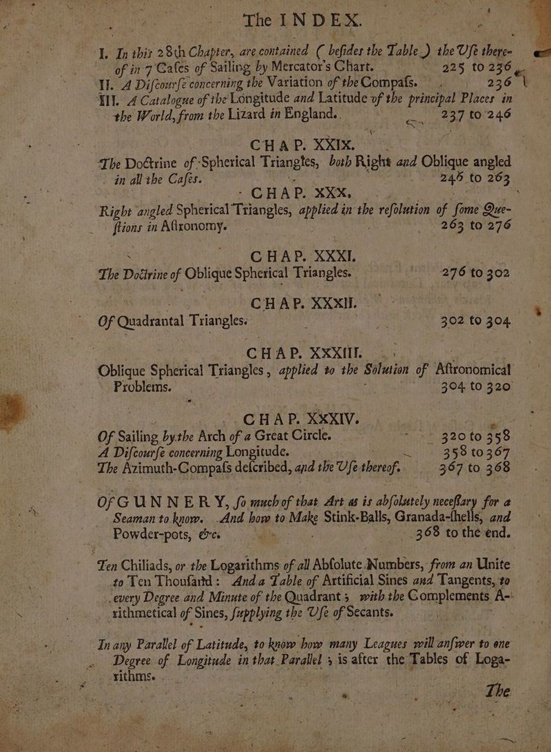 ‘J. In this 28th Chapter, are contained ¢ bef des the Table ) the Vie nu of in'7 Cafes of Sailing by Mercator’sChart. 225 to aS a Il. A Difcour -(e concerning the Variation of theCompafs. . | 236 TIL. 4 Catalogue of the Longitude and Latitude of the principal Places in the World, from the Lizard in England.. 237 to 246 cs H AP: XXiK. The Doétrine of ‘Spherical Triangles, both Rights and Obtique angled in all the Cafes. Tt to 203. LCE APL XMM, o> Right angled en ee Lisle in the es he of fone Que- ftions in Afironomy. 92630976 C HAP. XXXI. The Dotirne if Oblige Spherical Triangles. Ae aE 276 50 302 | CHAP. XXXII. Of Quadranal Eg Beats. 302 to 304 CHAP. DP GA LL EROS ee Oblique Spherical Triangles , applied to the Solution of Afironomical Problems. 304 to 320 : ‘CHAP, XXXIV. ie Of Saline by.the Arch of a Great Circle. Hi xteZ2040 85S A Difcourfe concerning Longitude. . 358 to 367 The Azimuth- Compafs defcribed, and the Ufe. tera. 367 to 368 OF GUNNERY, fo muchof oot Art as is abjabtoly necefhary for a - Seaman to. know. And ees to Maks Stink-Balls, Paar se and Powder-pots, ees P 368 to the end. Ten Chiliads, or the spine. of all Abfolute-Numbers, from an litle to Ten Thoufartd: Anda Table of Artificial Sines and Tangents, to every Degree and Minute of the Quadrant 5 with the Comme ne A-: rithmetical of Sines, Supplying the Ufe of Secants. In any Parallel of Latitude, to know how many Leagues will anfwer to one Degree of each in that. Parallel > isaftcr the Tables By hogar ce rithms. .