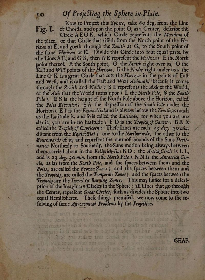 __- Now to Project this Sphere, take 60 deg. from. the Line Fig. I. of Chords, and‘upon the point O; asa Genter, defcribe the Circk AEG K, which Circle reprefents the Meridian of the place, or that Circle that rifeth from the North point of the Ho- rizon at E, and goeth through the Zenith at G, to the South point of the fame Horizon at E. Divide this Circle into four equal parts, by ahe Lines AE, and GK, then AE reprefent the Horizon; E the North point thereof, A the South point, G_ the Zenith right over us, O the £aft and Weft points: of the Horizon, K the Nadir right under uss the Line G K isagreat Circle that cuts the Horizon in the points of Eaft and Welt, and is called the Eaft and Weft Azimuth, becaufe it comes through the Zenith and Nadir : S$ L reprefents the Axis of the World, or the Axis that the World turns upon; L.the North Pole, S the South” Pole 3 ES‘is the height of the North Pole above the Horézon, called the Poles Elevation;, SA the depreffion of the South Pole under. the Horizon 3. E l'is the Eguinoéfial,and is always below the Zenith;as much as the Latitude is, and’ fois called the Latitude, for when you are un- dér it, you are in-no Eatitude ; F D is the Tropick of Cancer; BR is called the Tropick of Capricorn :~ Thefe Lines are each 23 deg. 30 min, diftant from the Equinottial 5 one tothe Nortbwards, the other to the Southwards of it, and reprefent the outmoft bounds of the Suns Decli- | nation Northerly or Southerly, the Suns motion being always between ‘them, carried about in the Ecliptick-line R D:. the Artick Circle is LL, and is 23 deg. 30 min. from the North Pole 5 N.N.is the Antartick Cire . ele, astar from the South Pole, and the {paces between them andthe Poles, arecalled the Frozen Zones 3 and the {paces between them and the Tropicks, are called the: Temperate Zones; and the {paces between the Tropicks,are the Torrid or Baryiag Zones. This may fuffice for a defcri- ption of the Imaginary Circles in the Sphere: all Lines that go through the Center, reprefent Great Circles, fch as ‘divides the Sphere into two equal Hemifpheres. Thefe things premifed, we now come to the re- folving of fome Ajtronomical Problems by the Projetion, == GHAP. po Cee on