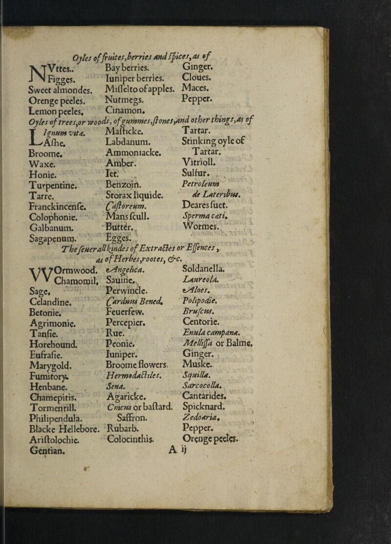 L Ojles offruttes,berries And fficesyas of NVttes.. Bay berries. Ginger. Figges. Iuniper berries. Cloues. Sweet almondes. Miflelto of apples. Maces. Orcnge peeles. Nutmegs. Pepper. Lemon peeles. Cinamon. Oylcs of trees^or woods, ofgummes ,f} ones }and other things of J^num vtt*. Mafiicke. Labdanum. Ammoniacke. Amber. Ict* - Benzoin. Storax liquide. (faftoreum. Mansfcull. ' Butter. ^’Egges.^ Thefever all kindes ofExtraBes or E(fences, as ofHerbes,rootesy &c. 'Afhe. Broome. Waxe. Honie. Turpentine. Tarre. Franckincenfe. Colophonie. Galbanum. Sagapenum. Tartar. Stinkingoyleof Tartar. Vitrioll. Sulfur. Petroleum de Latenbw. Dearesfuet. Sperma cati% Wormes. v* ,v v V */* *_■ WOrmwood. ^Angelica. Chamomil# Sauine. w _ Sage. Celandine. Betonie. Agrimonie. Tanfie. Horehound. Eufrafie. Mary gold. Fumitory* Henbane. Chamepitis. Tormentilk Philipendula. Perwincle. (farduns Bened* Feuerfew. Percepier. Rue. Peonie. Iuniper. Broome flowers. Hermodattiles. Sena, A^aricke. Soldanella, Laurcola. zAloes. Poltpodie. Brufcus. Centorie. Enula campana. Melhffa or Baline. Ginger. Muske. Squill*. SarcocolU. Cantarides. C mcm or baftard. Spicknard. Saffron. Blacke Hellebore. Rubarb. Ariftolochie. Colocinthis. Gentian. Zedoaria. Pepper. Orenge peeles. A i)