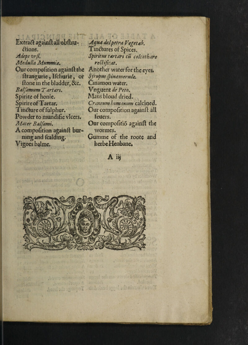 Extra# again# all obftru- cfions. Adeps vrfi. Medulla Mumtnia, Our composition again# the ftranguric, Ifchurie, or ftone in the bladder, &c. Balfamum T drtaru Spiritc of honie. SpiriteofTartar. T in#ur e of ful phur. Powder to mundifie vlccrs. Adater Balfami. A compofition again# bur¬ ning and folding. Vigoes balme. . . i • > - ■ Aqua delpetra Vegetab. Tinftures of Spices. Spirit its tartan ch colcothare rcttificat. Another water for the eyes. Syr up hi jpirtamerulcc. Cmanion water. Vnguent de Peto. Mans bloud dried. CraneumhitmnKtim calcined. Our compofition again# all feuers. Our compofitio again# the wormes. Gumme of the roote and herbe Henbane. AS*