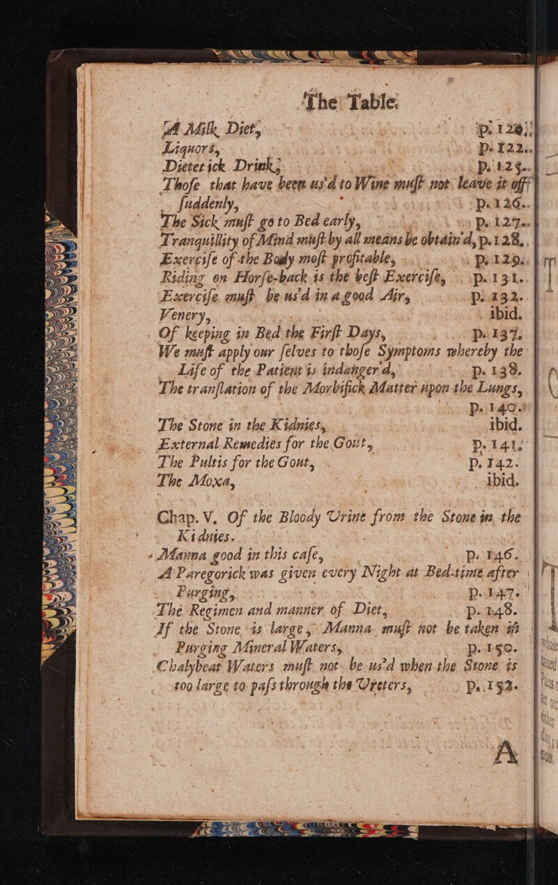 The ‘Table. | A Adil, Diet, - ‘p) 129), Liquors, Dp. 122.) Dietet ick Drink; p.'42..| Thofe that have been us de to Wine muff not leave it off} [uddenly, p.126..} The Sick’ muft goto Bed early, Pi 25a Tranquillity of Adina miuft by all means be obtdin'd, p.128., | Exercife of the Body moft profitable, Pr 120, Riding on Horfe-back is the beft Exercife, . p.131. Exercife. mufr beusdinagood Air, pag.. Venery, ibid. Of keeping in Bed the Firft Days, Pp. 137, We muft apply our felves to thofe Symptoms whereby the Life of the Patient 4s indanger d, p- £39. The tranflation of the Aorbifick, Adatter upon the Lungs, W140. The Stone in the Kidnies, . ibid. External Remedies for the Gout, 0.14.1, The Pultis for the Gout, Dp. 142. The Adoxa, ibid. Chap. V. Of the Bloody Urine from fhe Stone i the Kiduges. . Marna good § jn this cafe, Pp. 146. A Paregorick was given every Night at Bed:time after | Purging, DEA. The Regimen and manner of Diet, p- 048. Purging Mineral Waters, p. 150. Chalybeat Waters muft not. be us’d when the Stone is tog large to pafs through the Ureters, Pil 32.