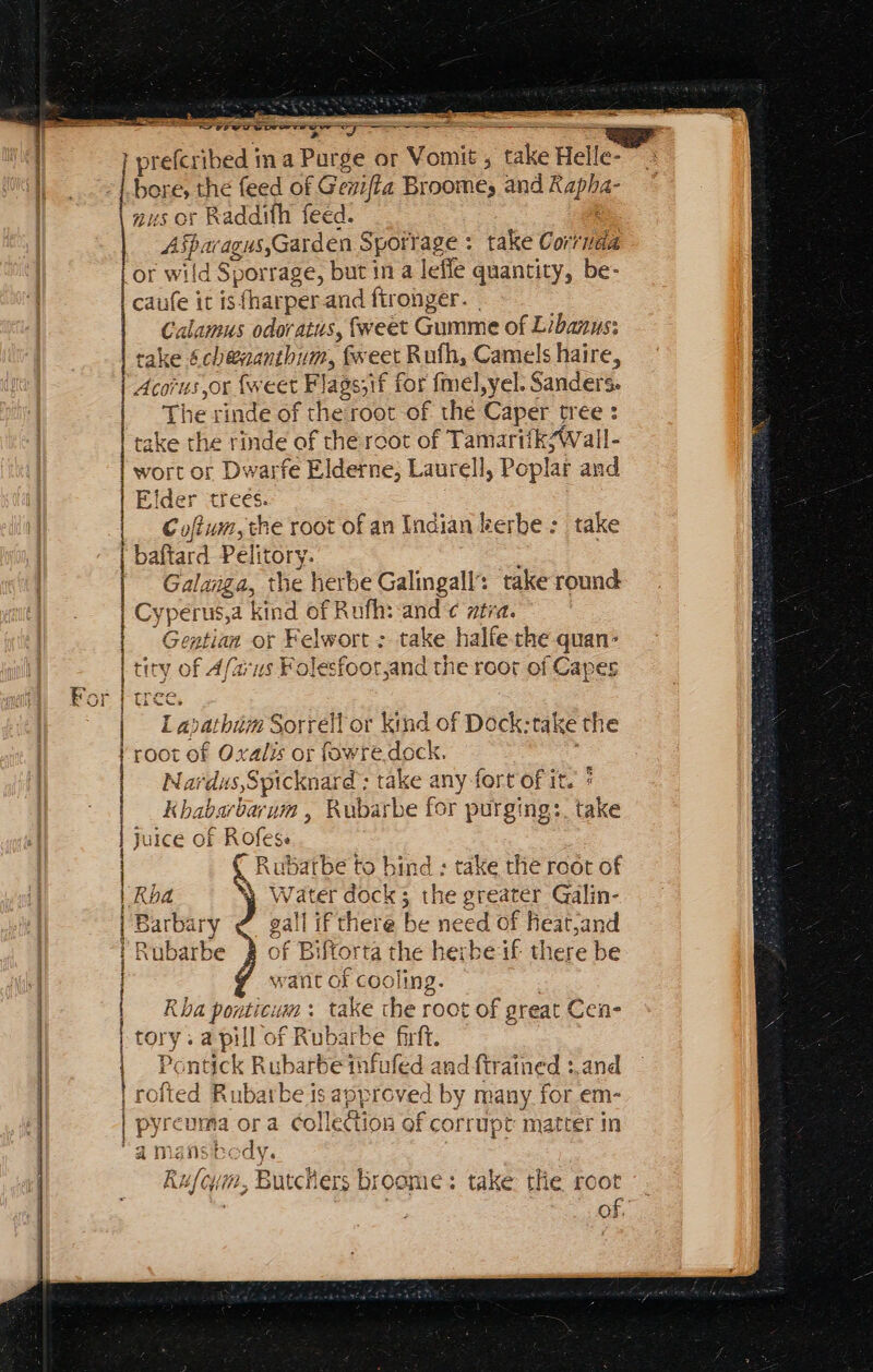 i: CO 3 = p — | prefcribed ma Purge or Vomit , take Helle- bore, the feed of Gezif/a Broome, and ‘oe. aus or Raddifh feed. 4ipa ragusyGarden Sporrage : take Correa or wild Sportage, but in a lefle quantity, be- caufe it is {harper is ftronger. Calamus odoratus, {weet Gumme of Libanus: take échevanthum, tweet Rufh, Camels haire, Acorus,or {weet Fl agojf for fmel,yel. Sanders. Ihe rinde of the root of thé Caper tree: take the rinde of the root of Tamart! kAvall- | Wigs or Dwarfe Elderne; Laurell, Poplat and der trees. re the root of an Indian kerbe: take | baftard Pelitory. : is Galaiga, the herbe Galingall: take round x 'yperus,a kind of Rufh: and ¢ ztra. be | | Se Cilia or Felwort : take halte the quan* tity of A/arus Folesfoot,and the root of Capes tree, L Cabal ‘him Sorrell or Kind of Dock: stake the root of Oxalis or fowre dock. Nardus,Spicknard : take any fort of it. 5 ee barum , Rubarbe for r purging:. take juice of Rofese SS R Bu. to bind : take tlie root of ha *&amp; Water dock; the greater Galin- gall if there be need of Beat;and of Biftorta the herbe if there be want of cooling. . Rha pouticum : take the root of great Cen- tory. a pill of Rubarbe frt. - Pe ntick Rubarbe infufed and {trained :.and | rofted Rubarbe i is app roved by many for em- | pyrcuma or a. Collection of corrupt matter in J Need P S GQ &lt; penne cit co tud ili CU DDR Qr Et es BT NE aii een ah p oi a og ast dy. Rulon, , Bute ers broome: take tHe root of.