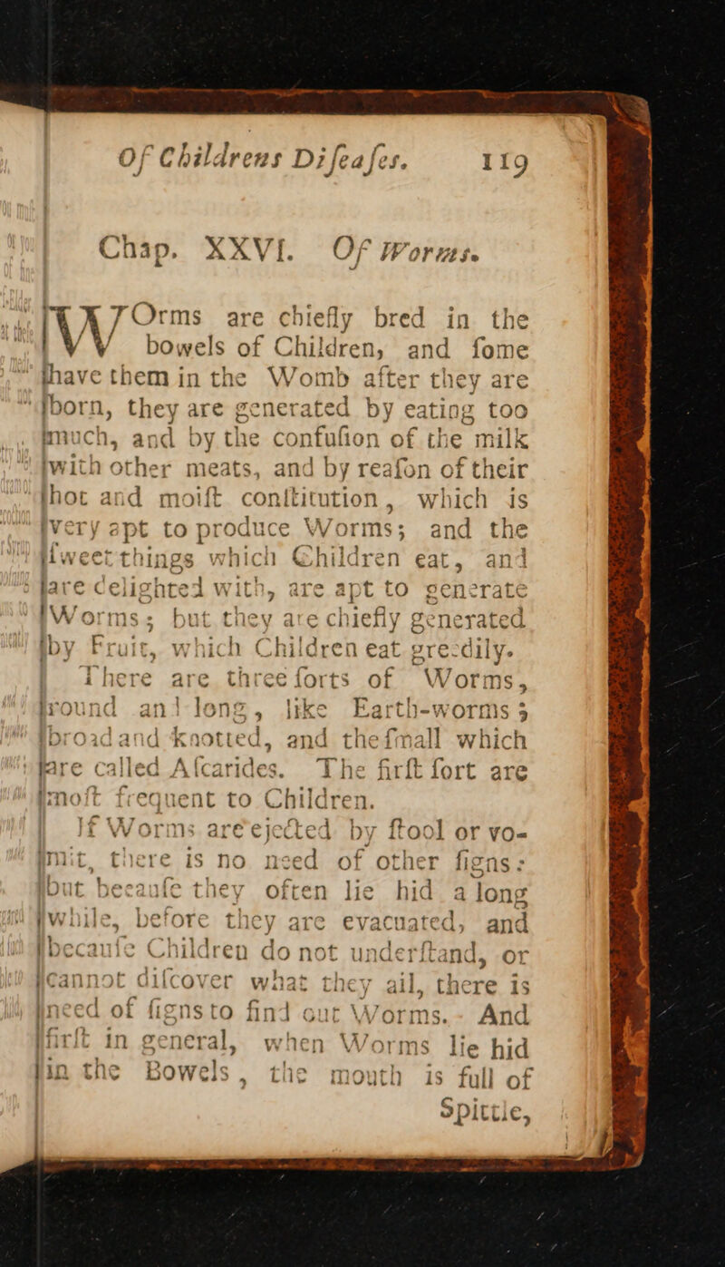 Chap, XXVI. OF Wor tt $~ hiefly bred in the iJ : c 7 Sens r | i ‘Y bowels of dren, and fome thave them in the Wom after they are Ky oO born, they are generated by eating too much, and by the confufion of the milk iwith other meats, and by reafon of their thoc and moift conitimtion, which is lvery apt to produce ta and the hich @hildren eat, and nted with, are apt to generat iby Fruit, which Children eat precdily. ihere are threeforts of Worms, fround anilong, jtke Earth-wormis 3 broadand Kaotted, and thefmall which mare called A(carides. The firft fort are imoit frequent to Chil dre n. : ry ty,] &gt; } c f thar &gt; i ae T } ¢ yWulle, before they are evacuated, and mid faiita C ArtAran aan emt wt PWECCaA) bw Wihhidrep Go Nn J\ UNCGET It: nd, Or SCrannnkr i4{; “YITOr hat -} ¢ | ~ a4 ' -ALLILISL LiCQVel Val aa LOEY Gail, tnere 1S . Oe SF ee io Amy , yneed of fignsto find cut Worms.- And mf 4.(% 5 wet “7 i, - ; ey puitic In eeneral, woen Worms lie hid . , mn tne boweis » Le mouth 1s full of CWwieel a YPITLic, TAN gs cen