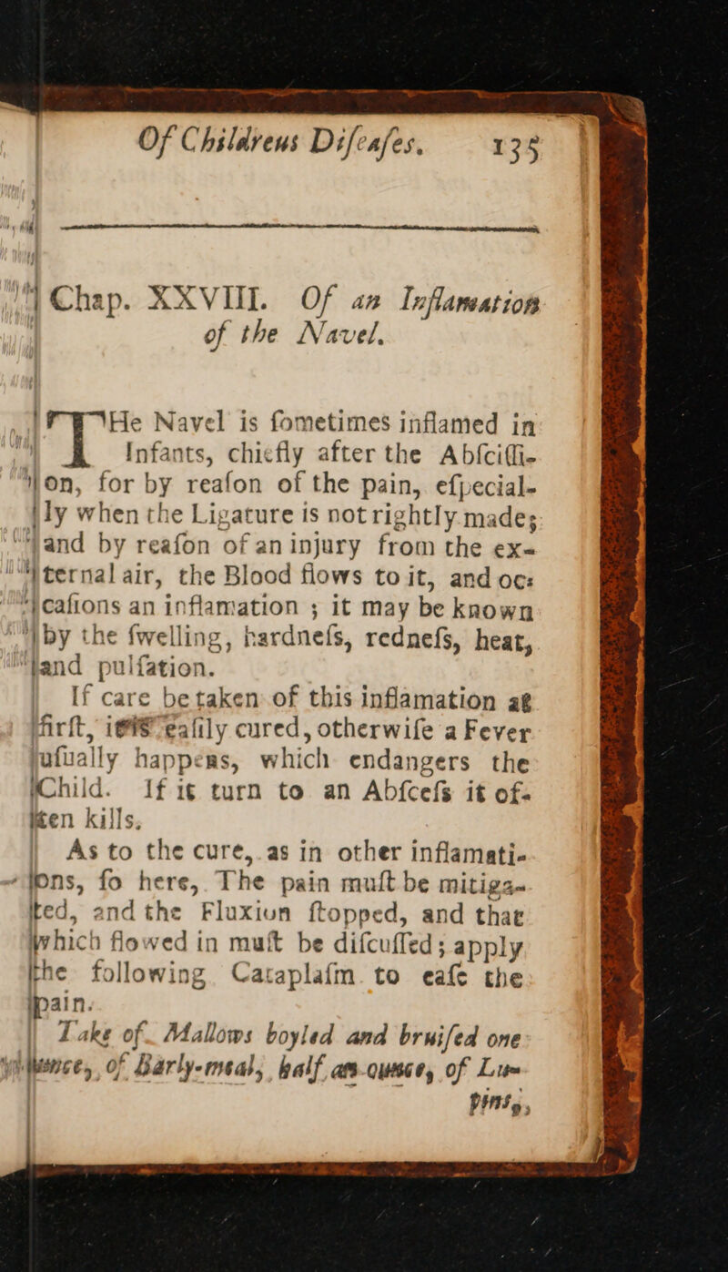 | Chap. XXVIII. Of aa Inflamation of the Navel, “WHe Navel is fometimes inflamed in Infants, chiefly after the Ab{cifi- on, for by reafon of the pain, efpecial- {ly when the Ligature is not rightly. made; “and by reafon of aninjury from the ex- ““) ternal air, the Blood flows to it, and oc: *)cafions an inflamation ; it may be known by the felling; hardnefs, rednefs, heat, ‘tand pulfation. If care be taken of this inflamation ag firft, ie#Sealily cured, otherwife a Fever jufually happeas, whi ch endangers the yChild. If i¢ turn to an Abfcefs it of. Ken kills. As to the cure,.as in other inflamati- ‘fons, fo here, The pain mult be mitigz~ ited, and the Fluxiun ftopped, and that Whic! | flowed in muff be difcuffed; apply the following Cataplafm. to eafe the pain. | Lake of Mallows boyled and brnifed one yh pees, of Barly-meal, half ars-owsce, of Lim PHS, Be I he tc Noh ot cag a Pee Seer